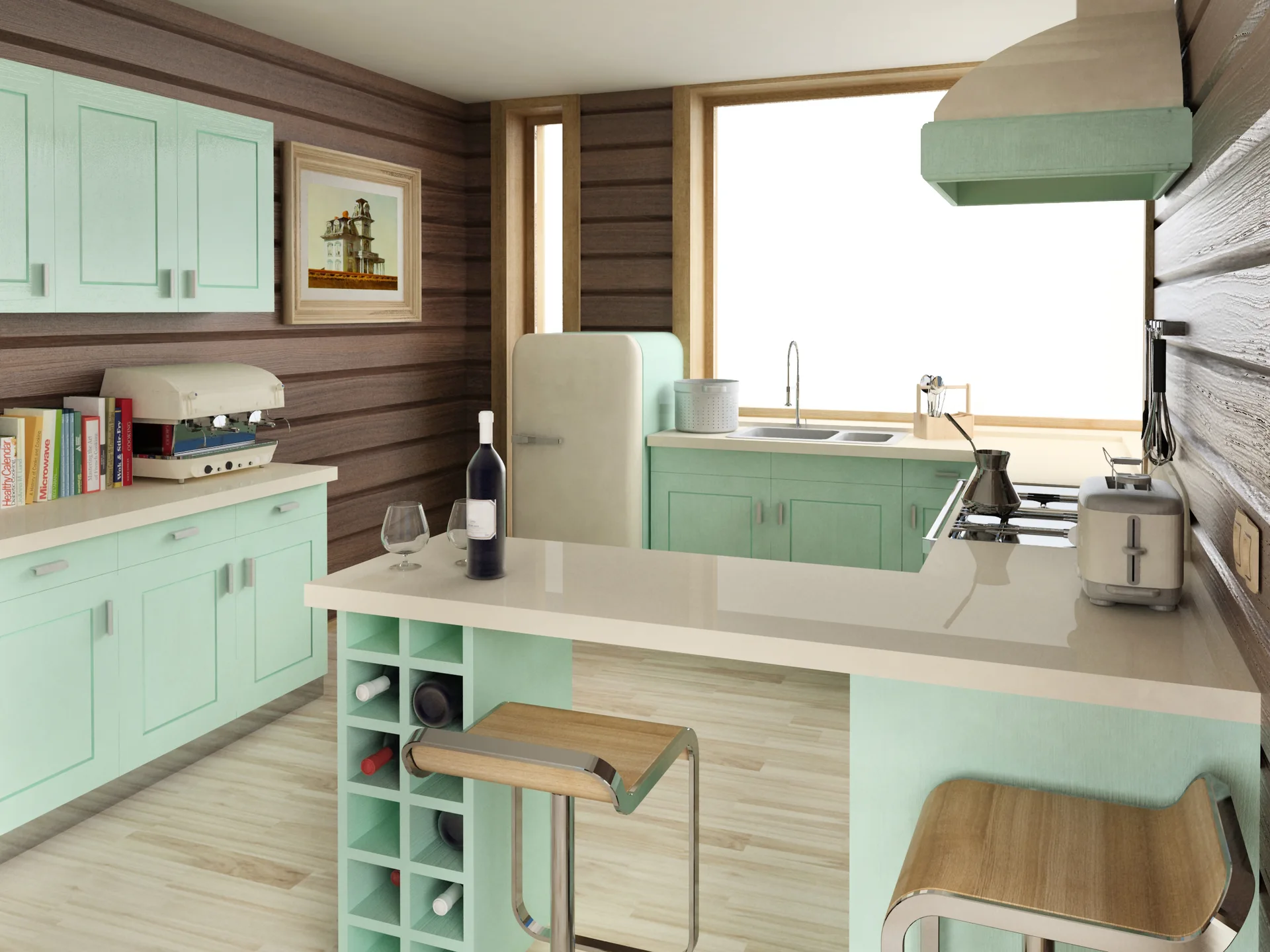 A modern retro kitchen featuring mint green cabinetry, dark horizontal wood walls, a matching island with bar stools, and retro appliances.