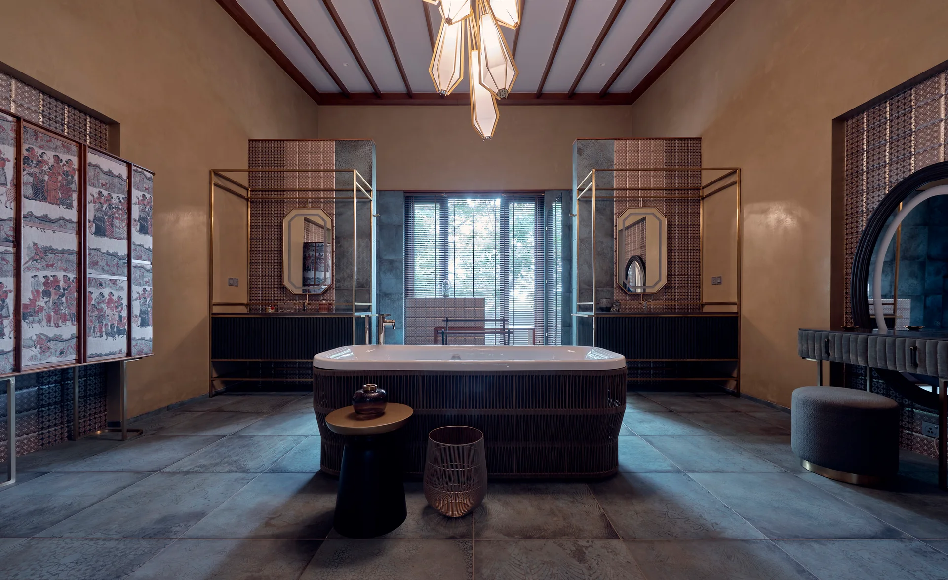 A freestanding bathtub wrapped in woven rattan sits centered between symmetrical vanities with octagonal mirrors in a bathroom with terracotta walls.