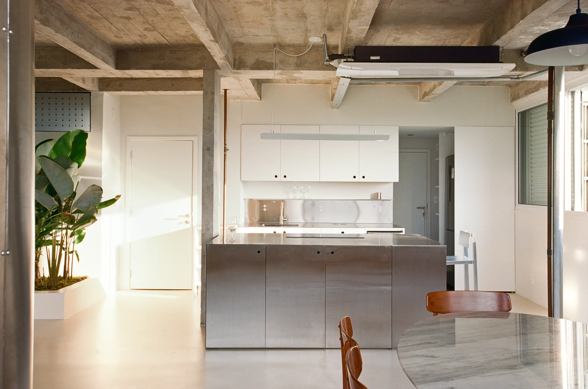A minimalist kitchen features a metallic island, white cabinetry, exposed concrete ceiling beams, and a large green plant in a white planter.