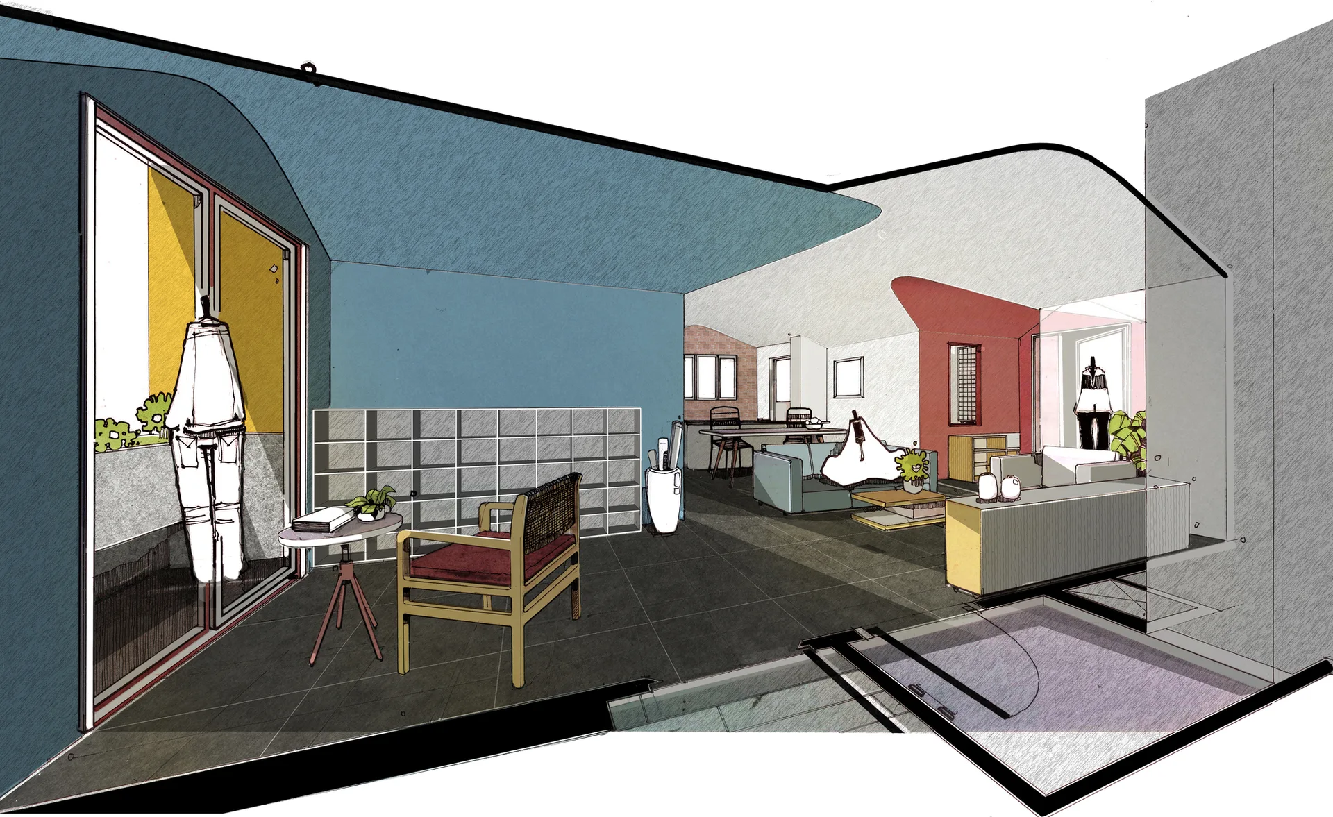 An architectural perspective drawing of an open-plan living room featuring blue walls, a grid shelving unit, dark tiled floors, and a sofa grouping.
