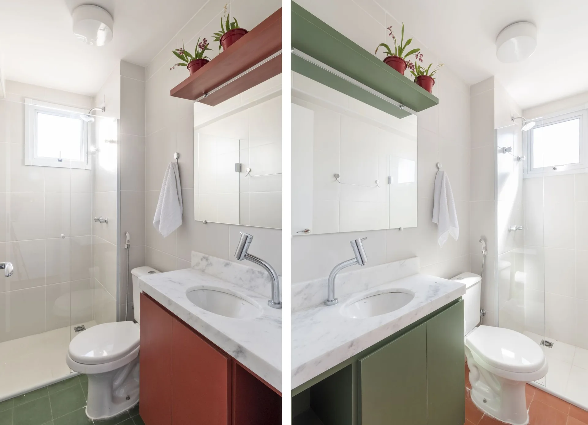 A split-screen comparison of a white-tiled bathroom showing terracotta and sage green vanity cabinets with matching floating shelves and marble countertops.