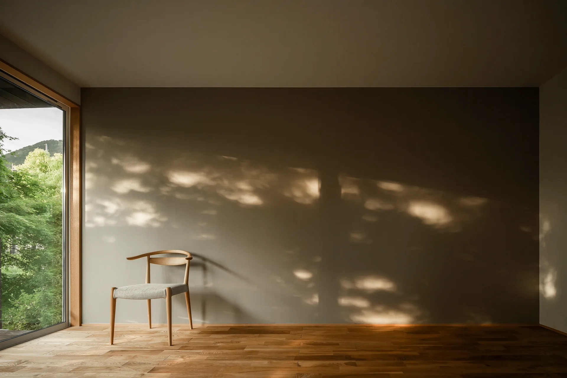 A minimalist wooden chair sits on a wood floor next to a large window casting leafy shadows across a gray wall.