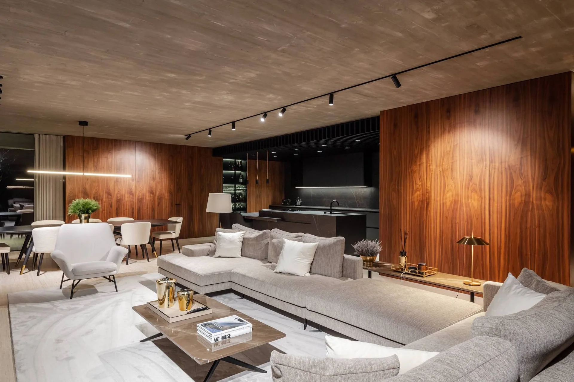 A modern open-plan living room featuring warm wood wall panels, a low grey sectional sofa, black track lighting, and a dining area.