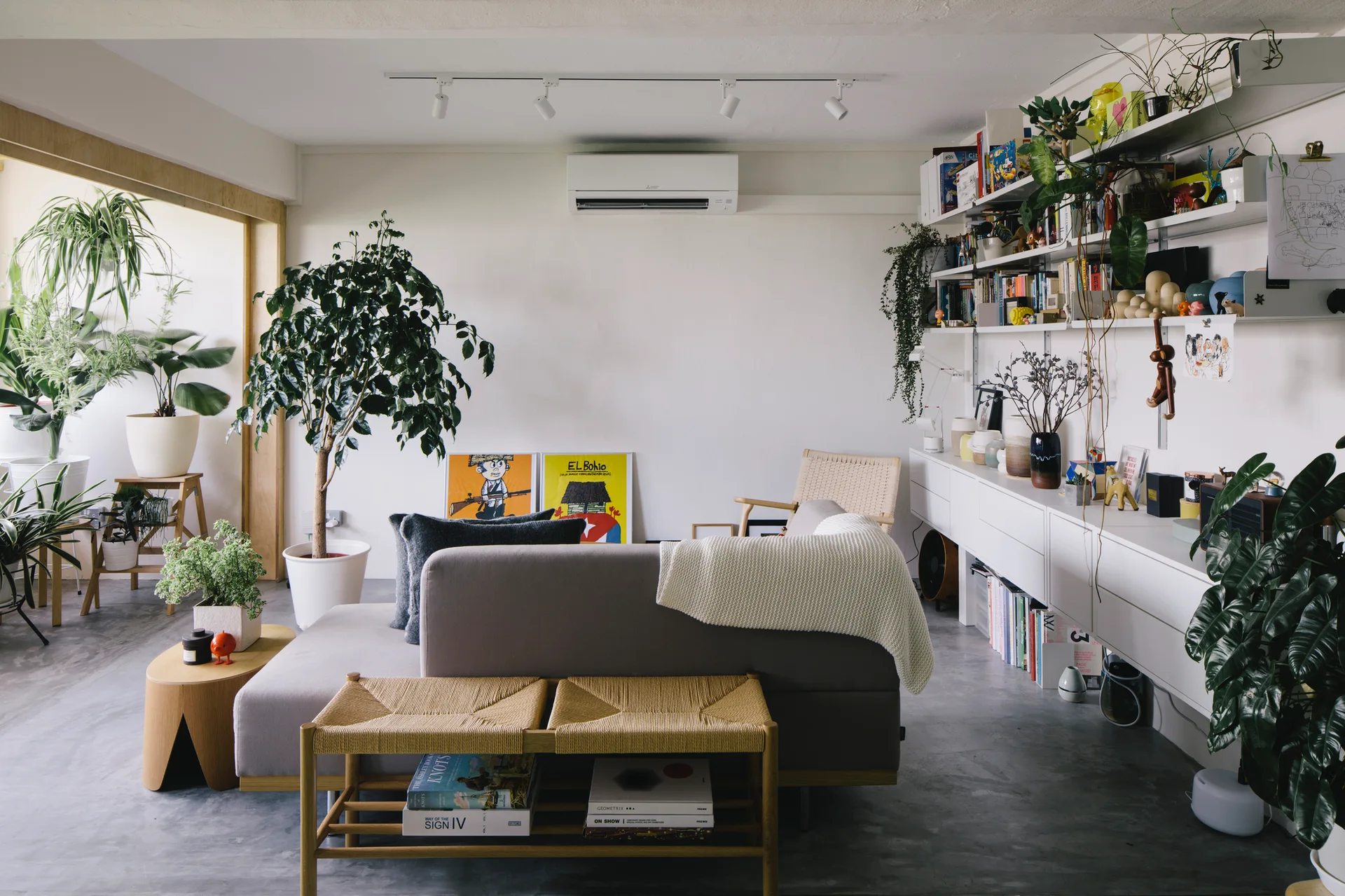 A contemporary living room featuring a grey sofa, modular white wall shelves filled with books, a woven bench, and numerous potted plants.