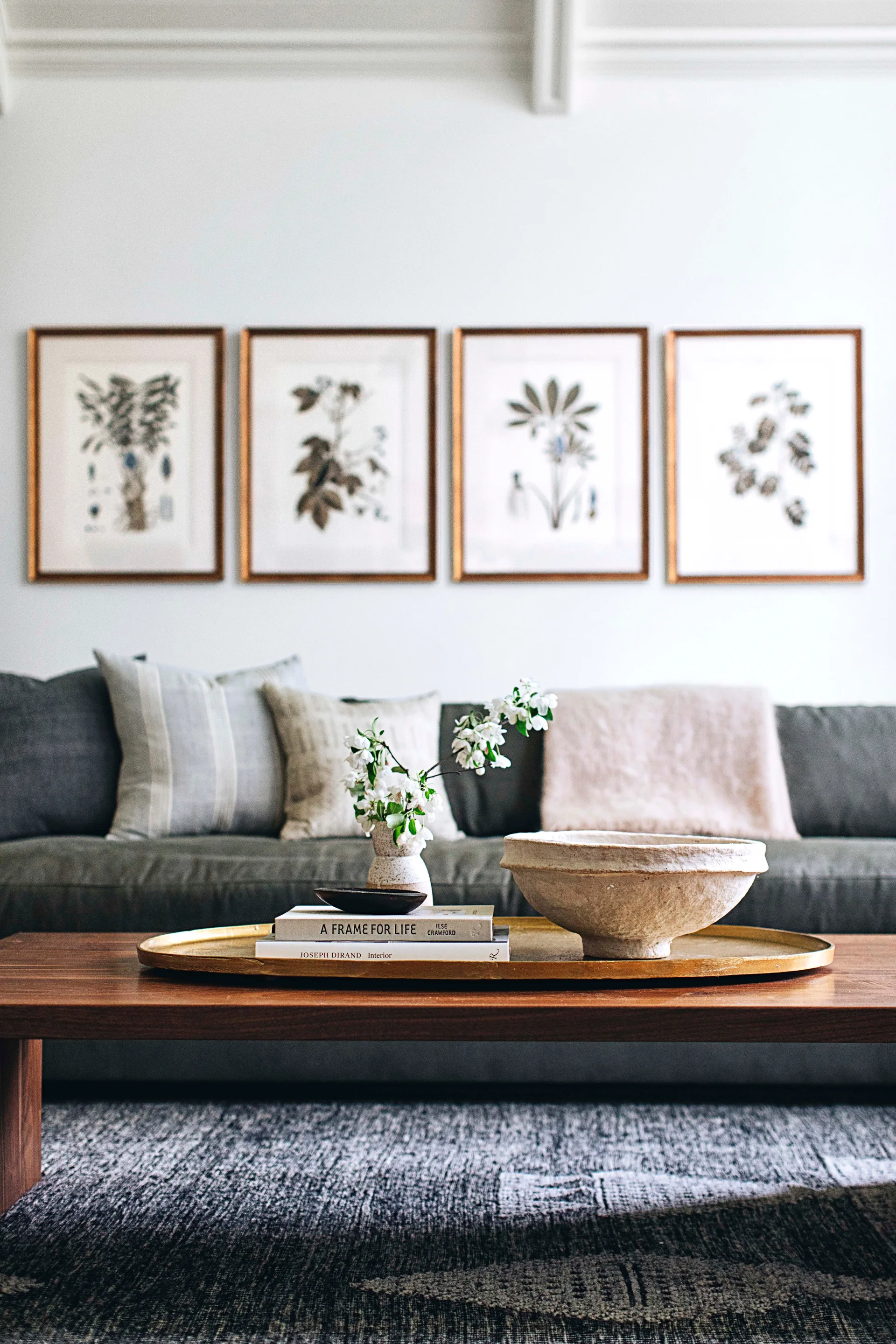 Four framed botanical art prints hang in a row on a white wall above a grey sofa and a dark wood coffee table with a gold tray.