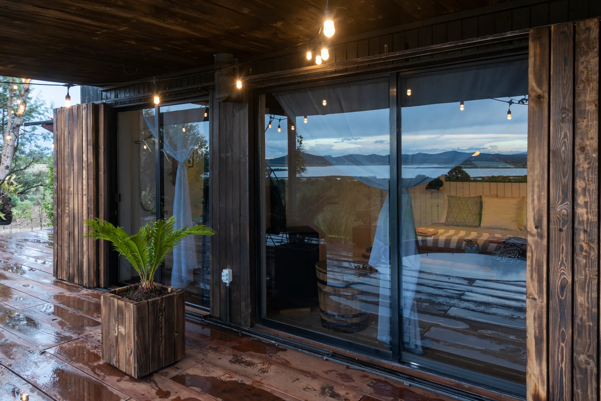 A wet dark wooden deck features sliding glass doors reflecting a landscape, a potted cycad plant, and overhead string lights.