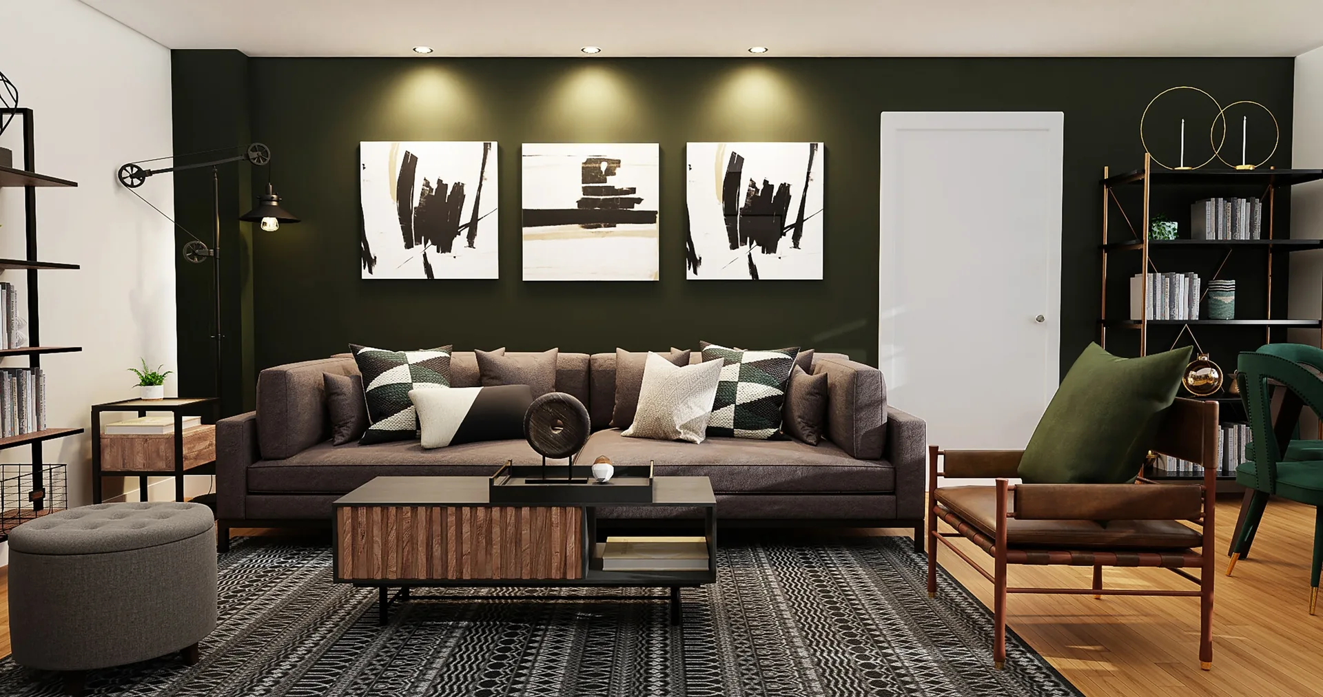 A modern living room features a dark green accent wall hung with three abstract canvases above a brown sofa, with a patterned rug below.