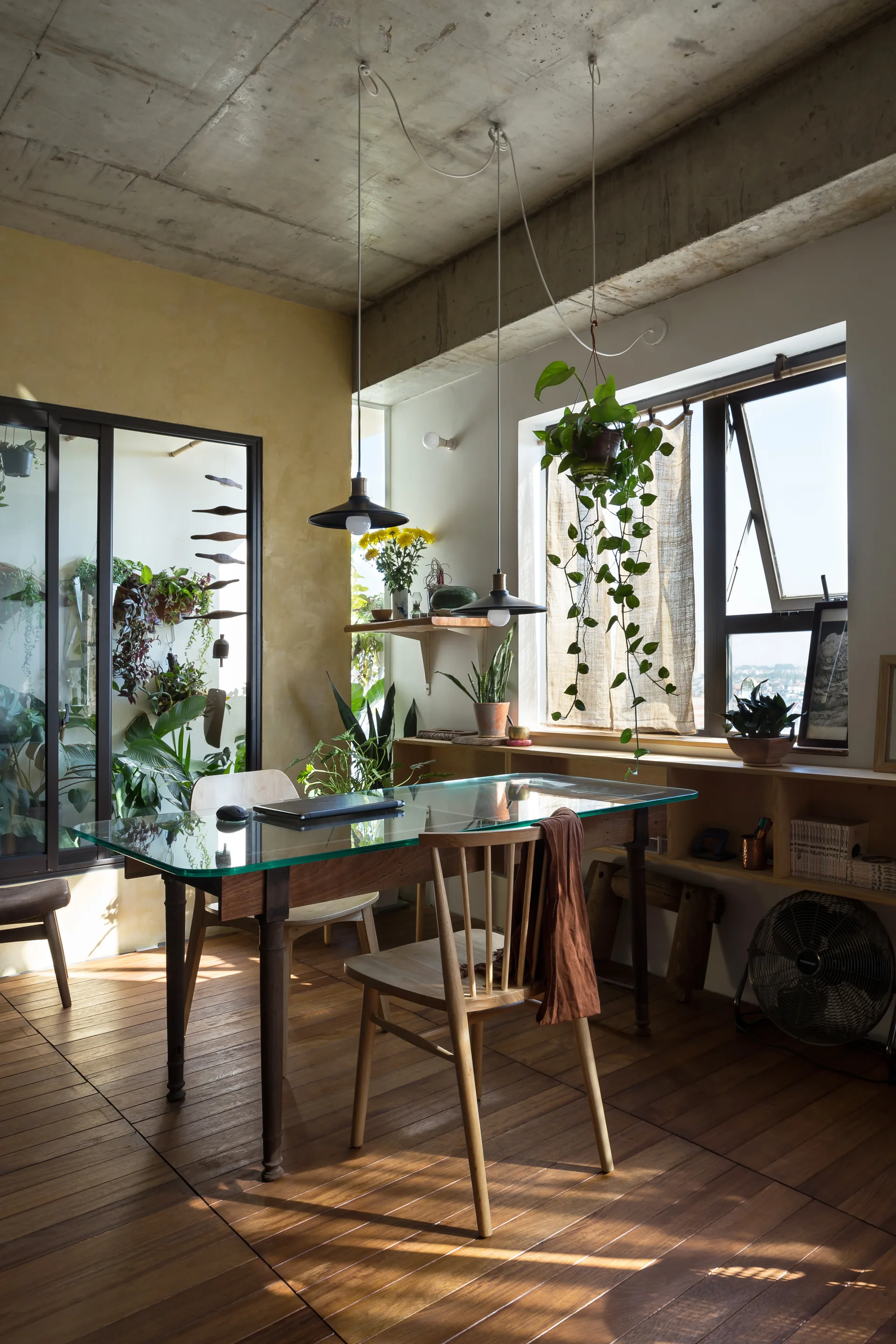 A dining room featuring a glass-topped wooden table, wooden chairs, swag pendant lights, and hanging houseplants under a raw concrete ceiling.