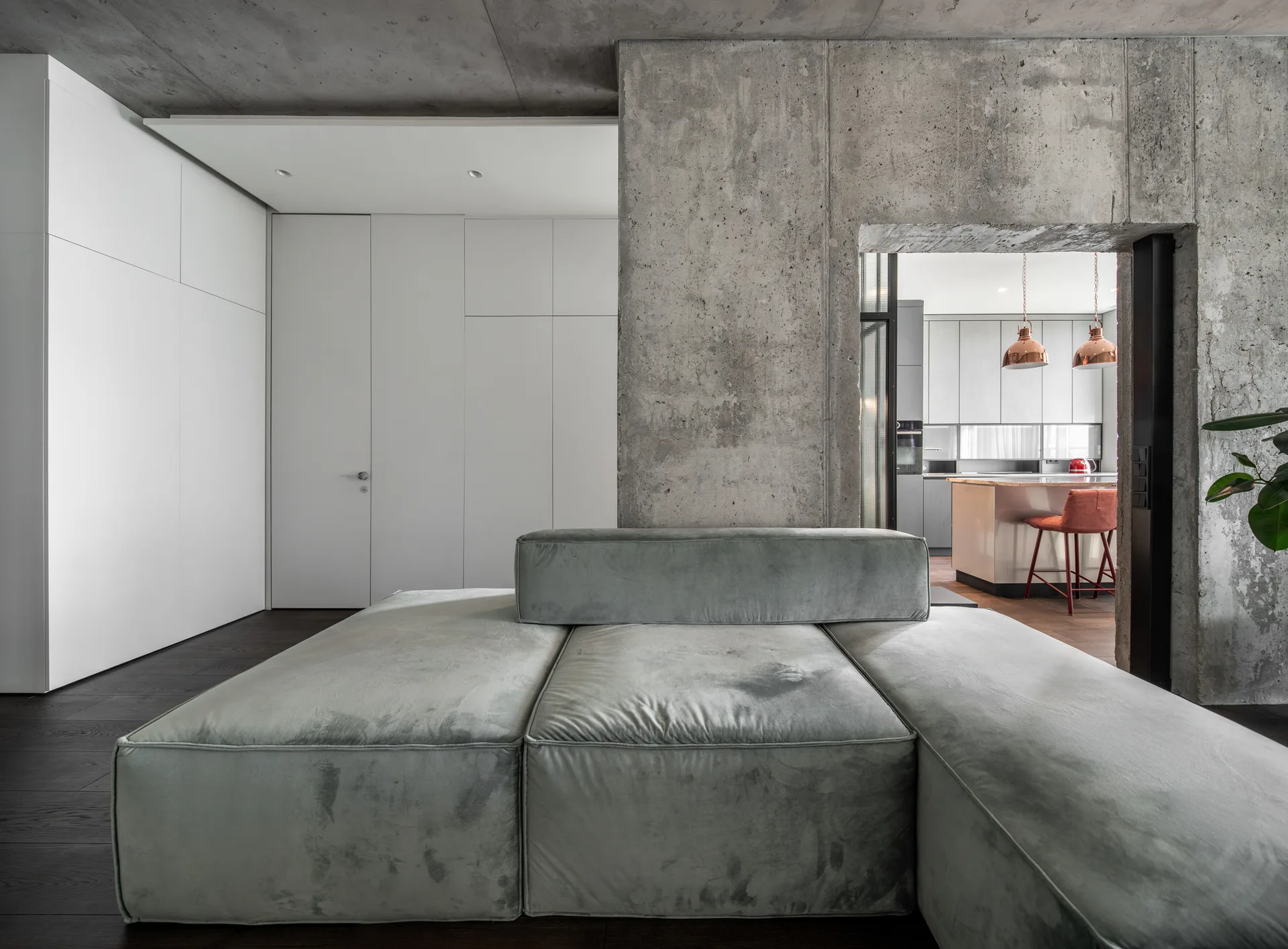 A low-profile grey velvet modular sofa sits in front of a raw concrete wall with a view into a minimalist kitchen.
