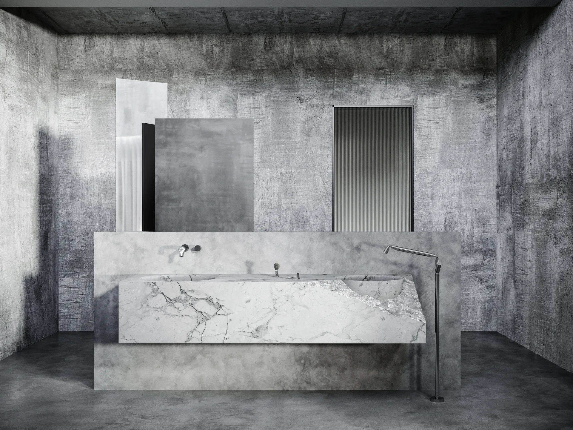 A minimalist gray concrete bathroom features a floating white veined marble vanity with a rough, sculpted edge and wall-mounted faucets.