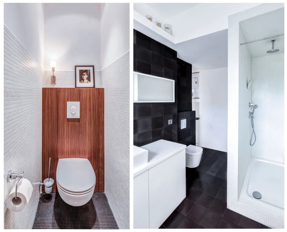 A split photo showing a narrow toilet room with a wood wall panel and a modern bathroom with black floor tiles and a walk-in shower.
