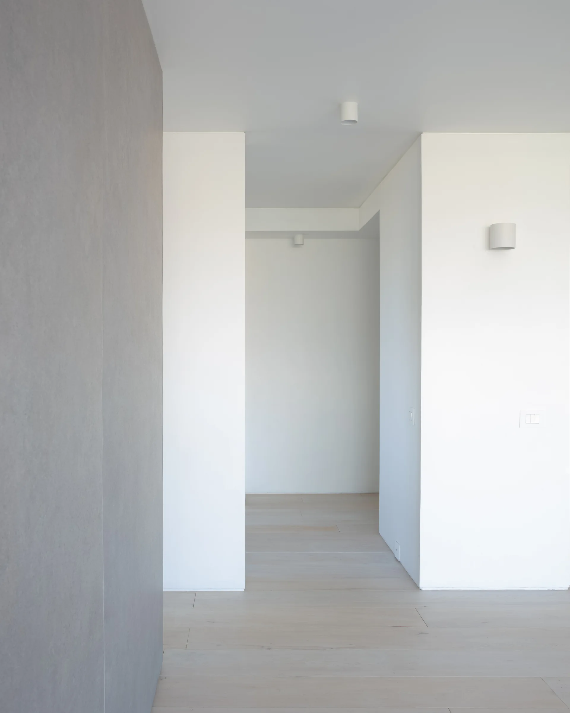 A minimalist white hallway features light wood plank flooring, a matte grey wall panel on the left, and cylindrical light fixtures.