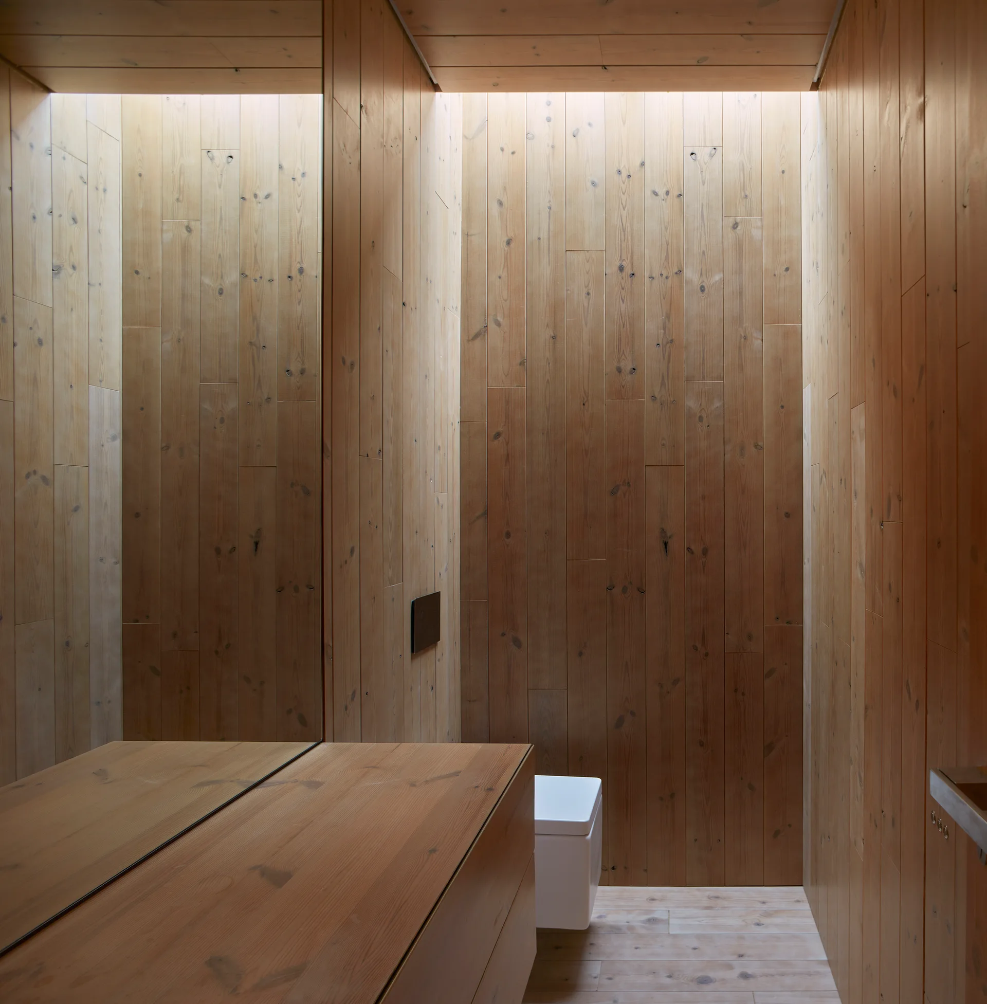 A minimalist powder room with vertical wood paneling on the walls, a wall-mounted white toilet, a wooden vanity, and a large mirror under a skylight.