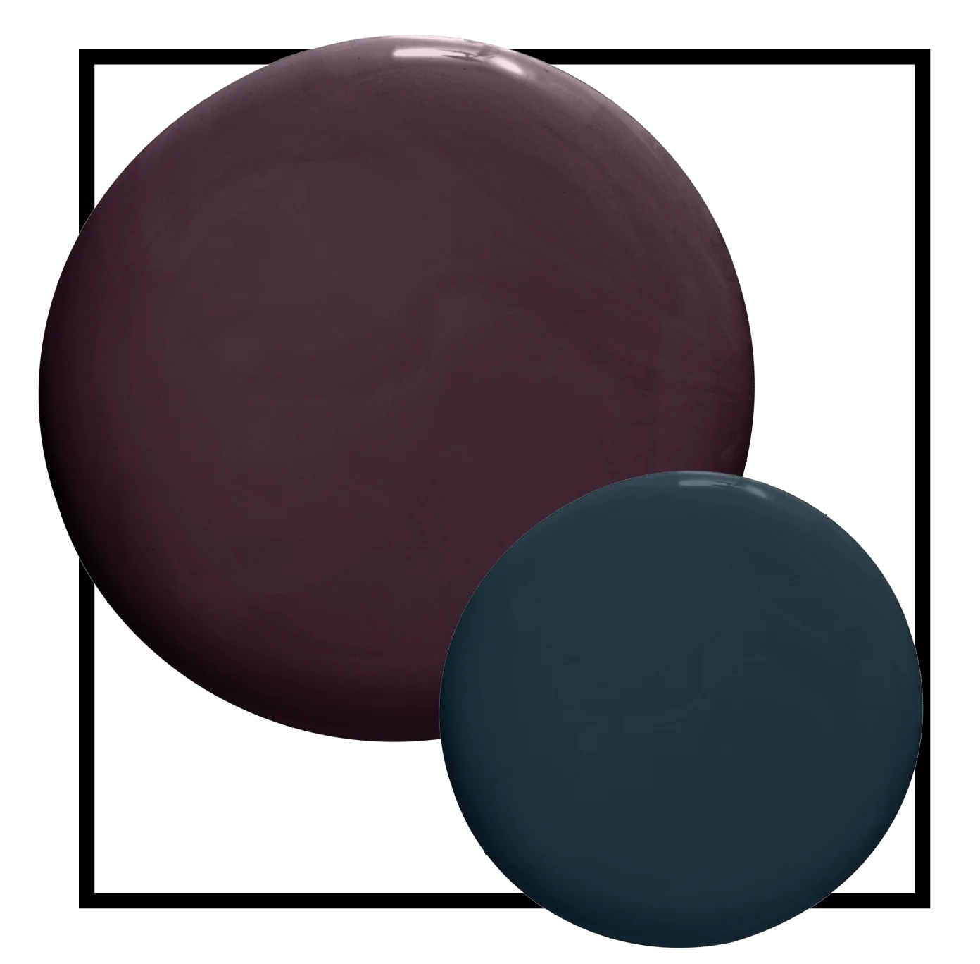 Two glossy circular paint swatches in dark purple and deep teal overlap inside a thin black square frame on a white background.