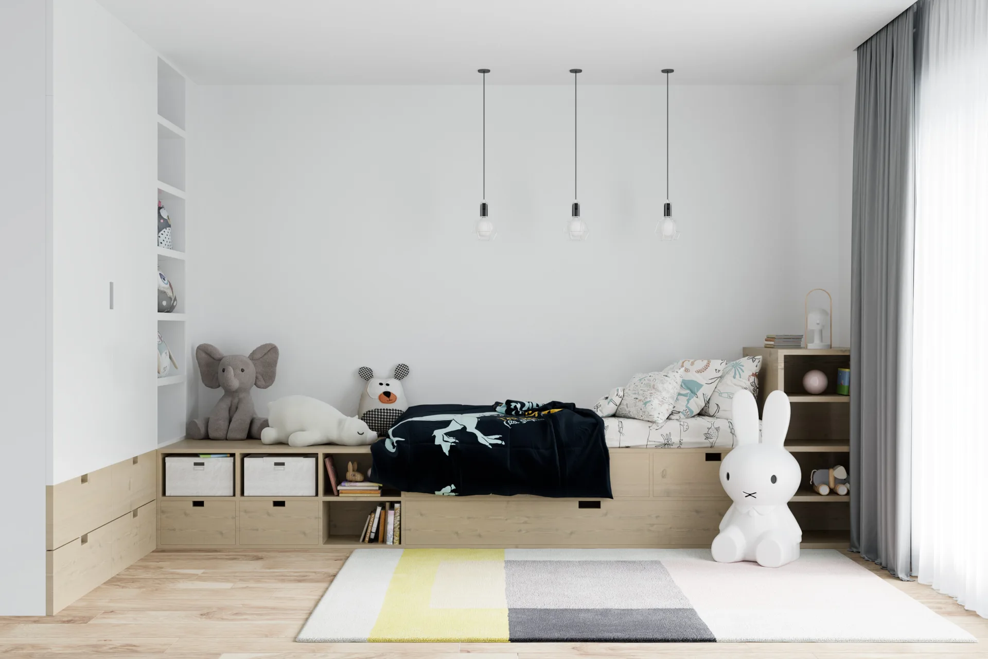 A minimalist kids' bedroom featuring a built-in light wood platform bed with storage, a geometric rug, and white walls.