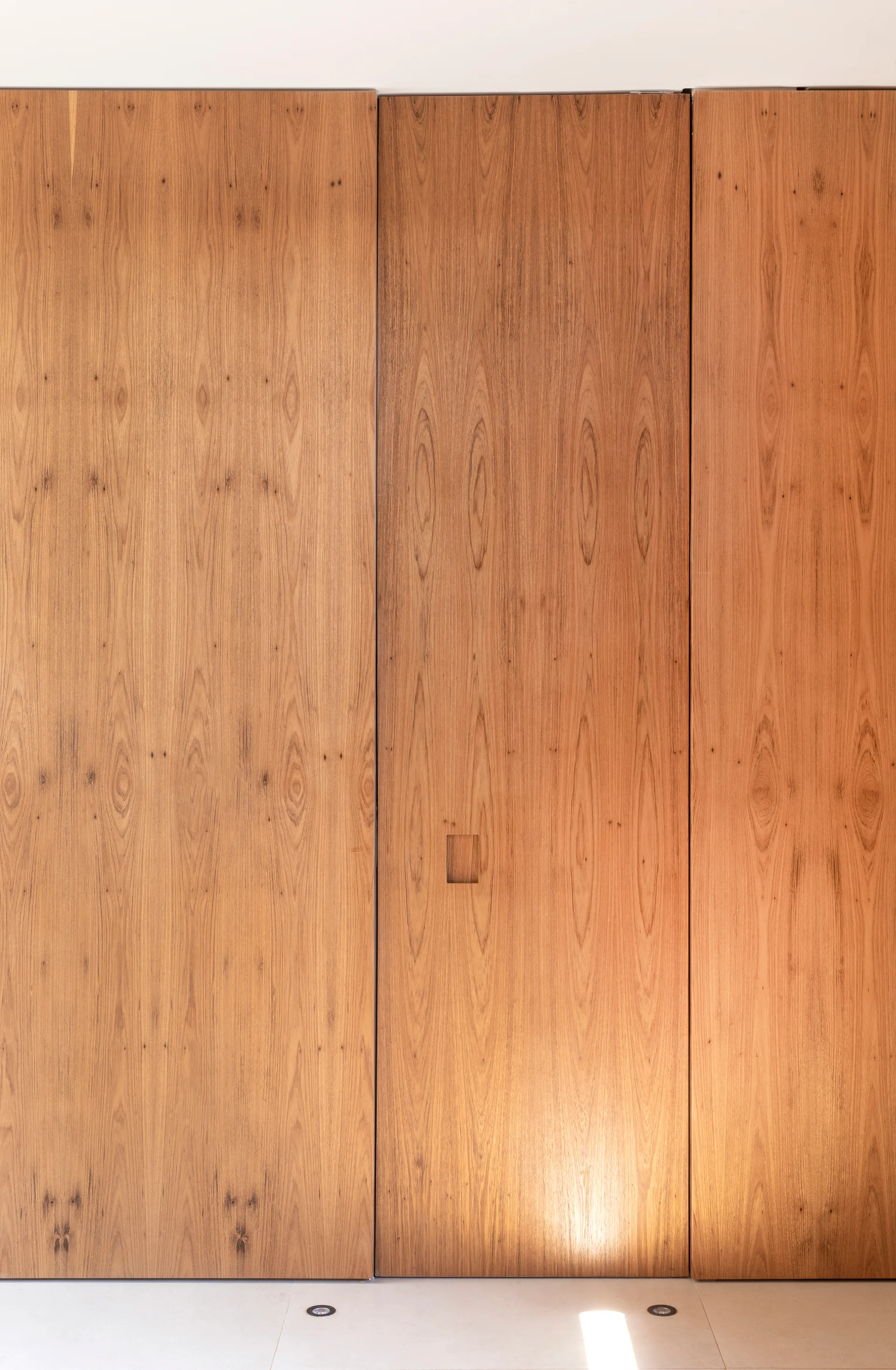 Full-height warm wood veneer wall panels feature an integrated flush door with a small square inset handle above light-colored tiled flooring.