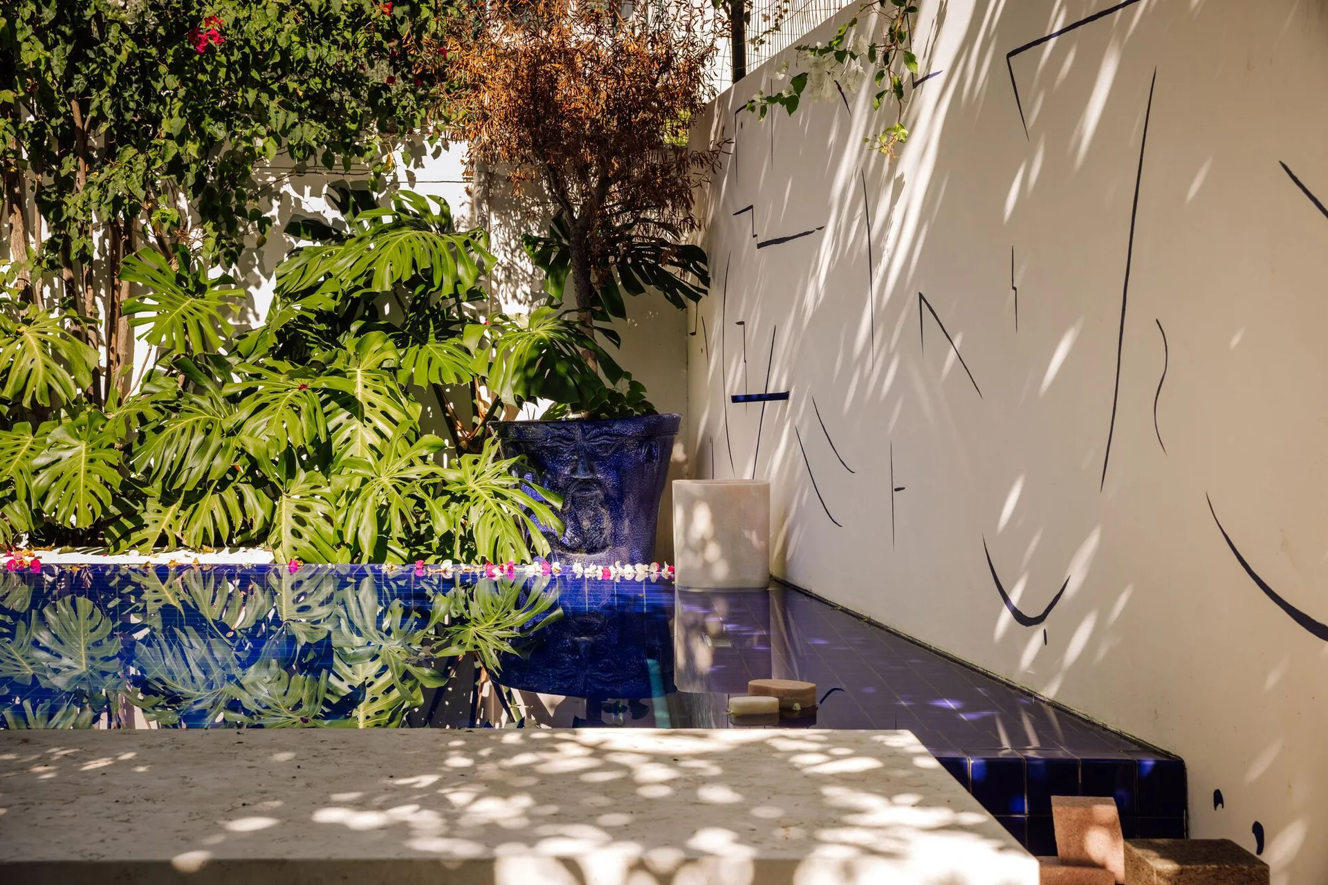 A small swimming pool with deep blue tiles sits next to a white wall decorated with abstract black line art and lush green monstera plants.