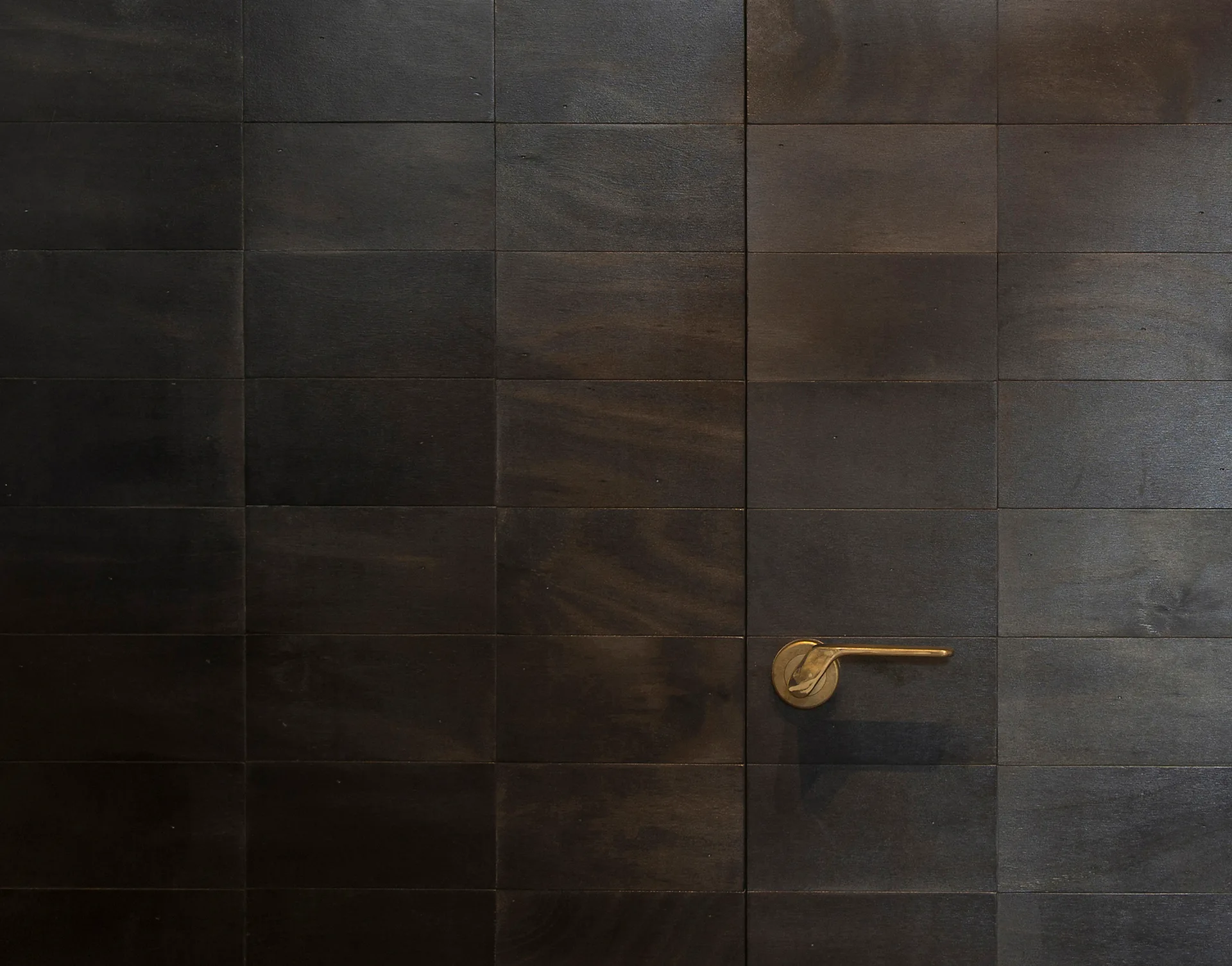 A close-up of a dark wood paneled wall and door with a grid pattern and a single brass lever handle.