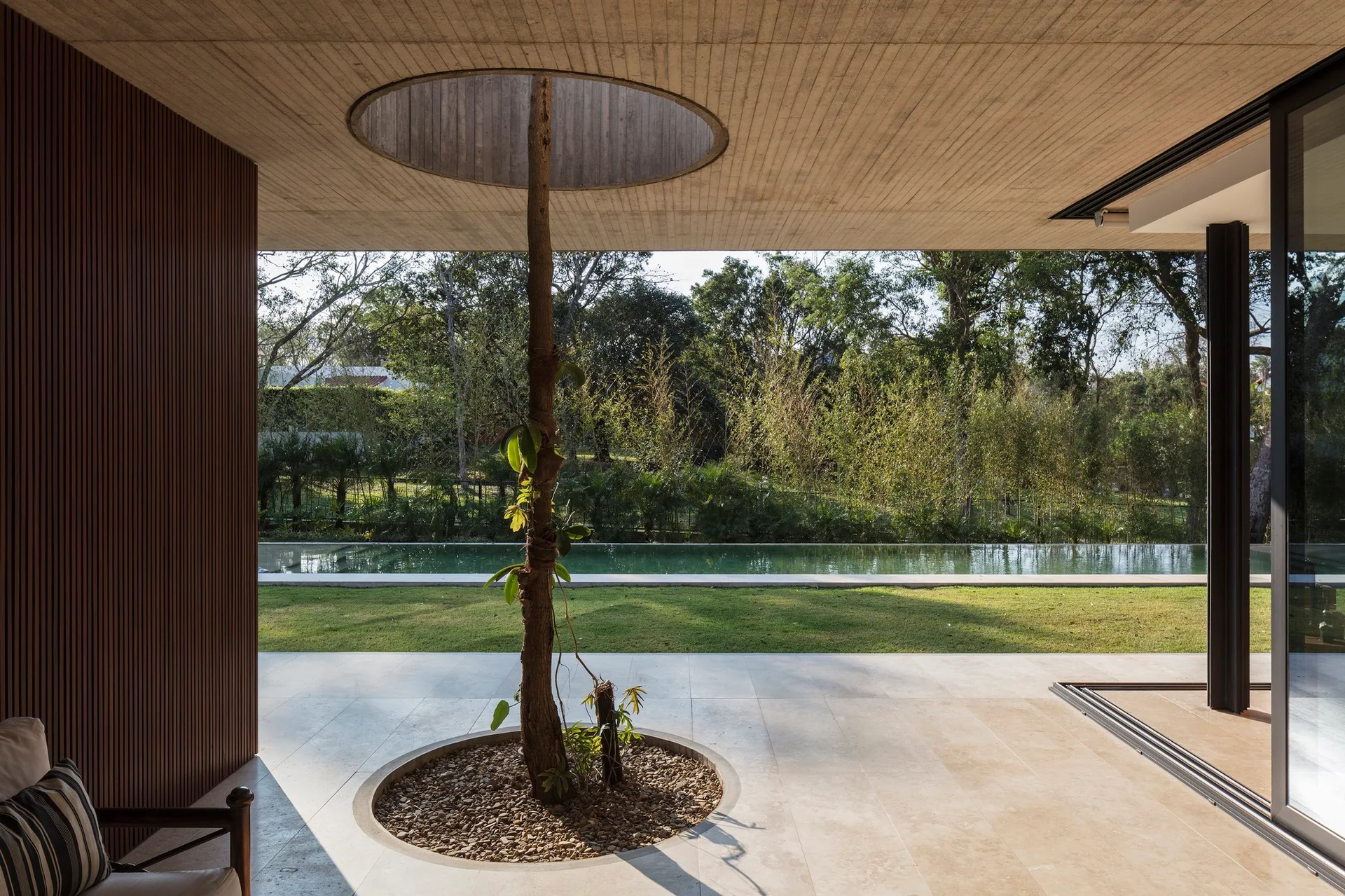 A modern covered patio with a concrete ceiling and a tree growing through a circular opening, overlooking a swimming pool.