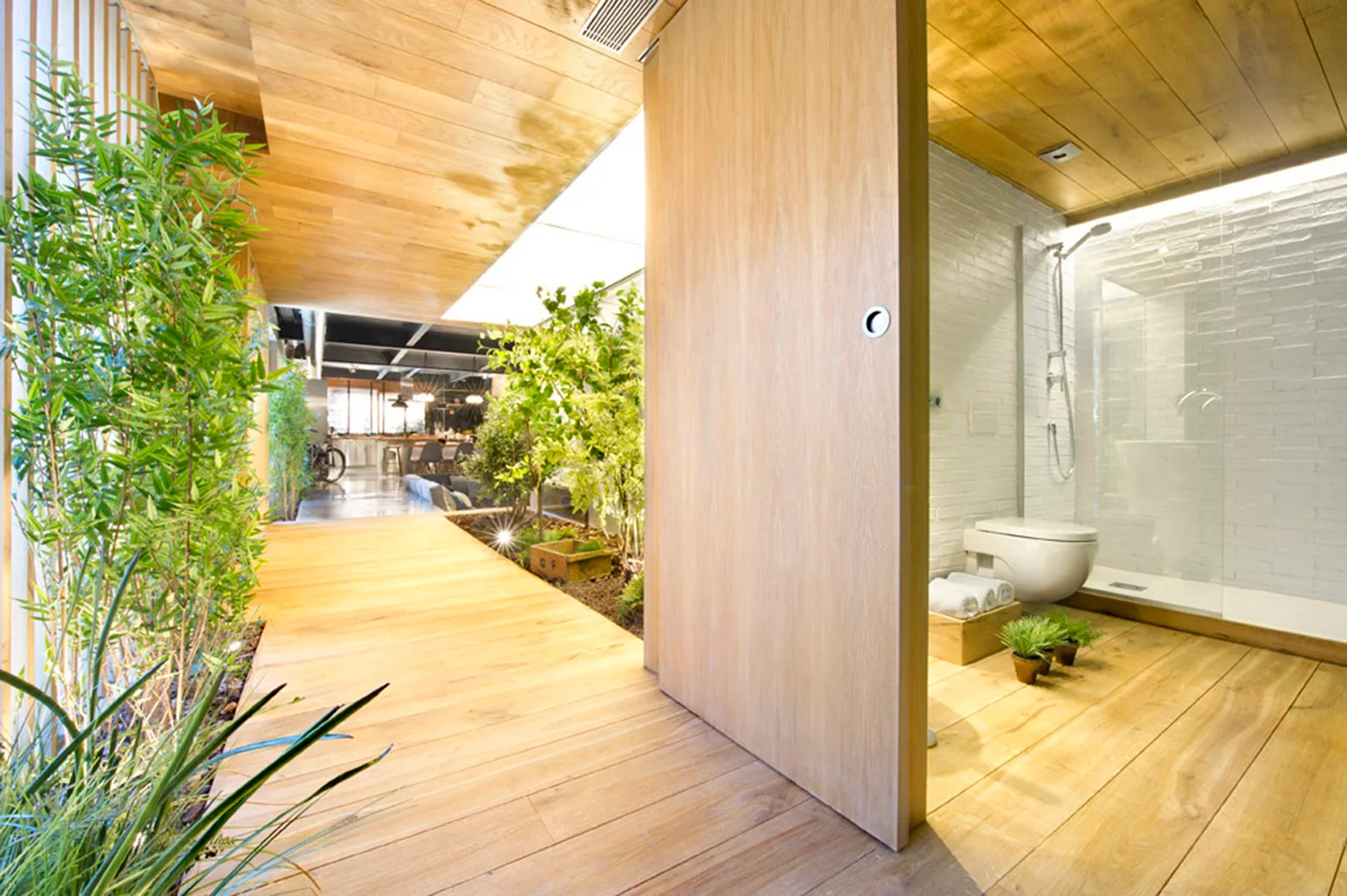 A bathroom features light wood floors and ceiling, a wall-mounted toilet, a glass shower, and a wooden sliding door opening to an indoor garden pathway.
