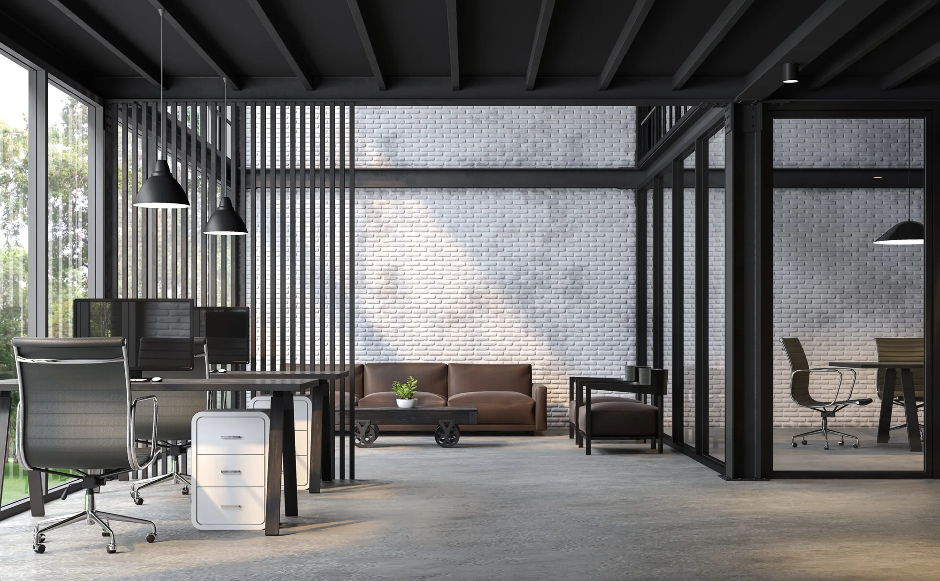 An industrial open-plan office featuring white brick walls, black exposed ceiling beams, a slatted room divider, and workstations.