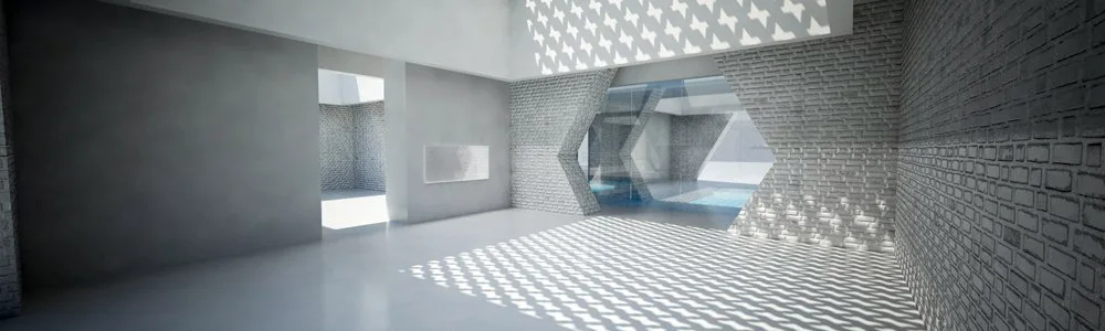 A spacious grey minimalist interior features textured brick walls, a large geometric opening, and patterned shadows cast across a smooth concrete floor.