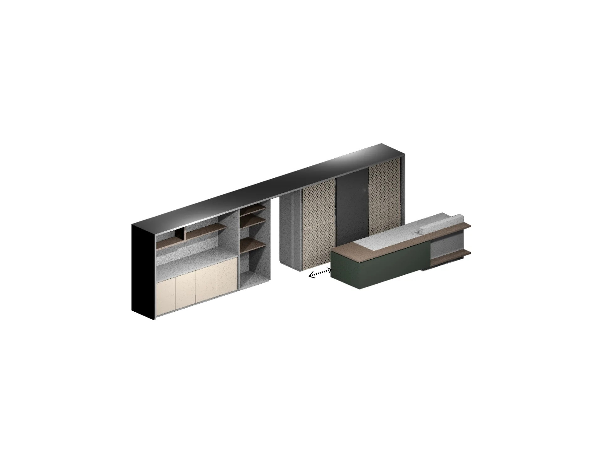 An isometric 3D rendering of a modular grey storage cabinet with shelves and sliding doors next to a matching green and beige desk.