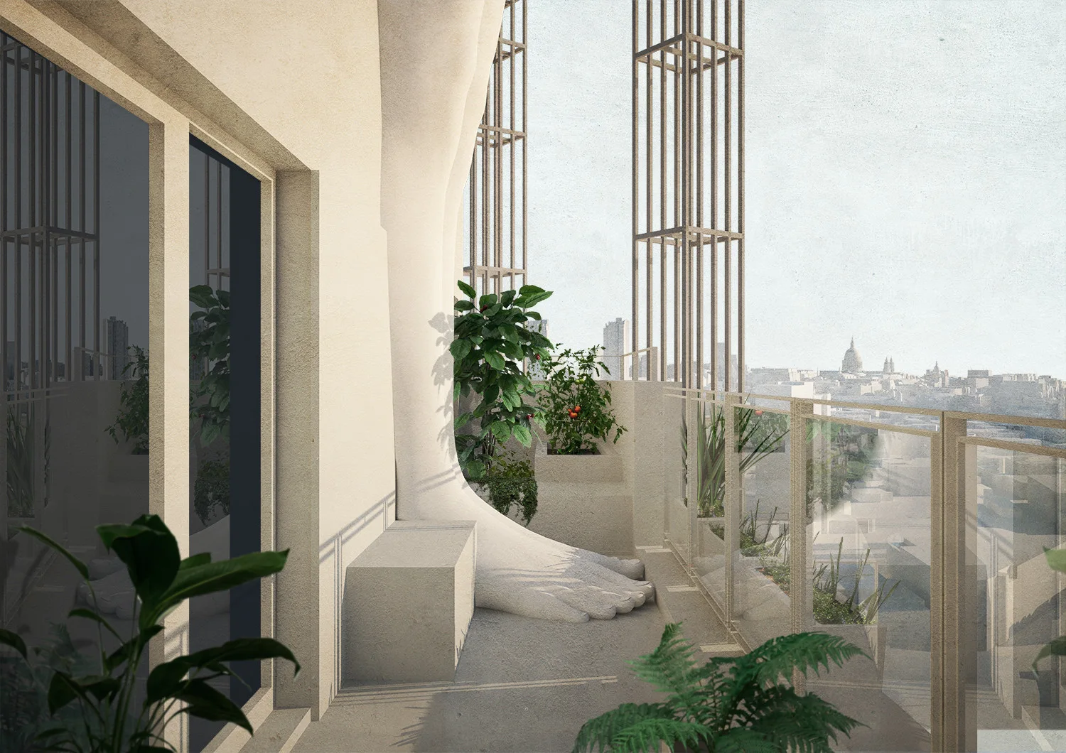 A modern concrete balcony features a large surrealist foot sculpture, built-in planters with green plants, and a glass railing overlooking a distant city.