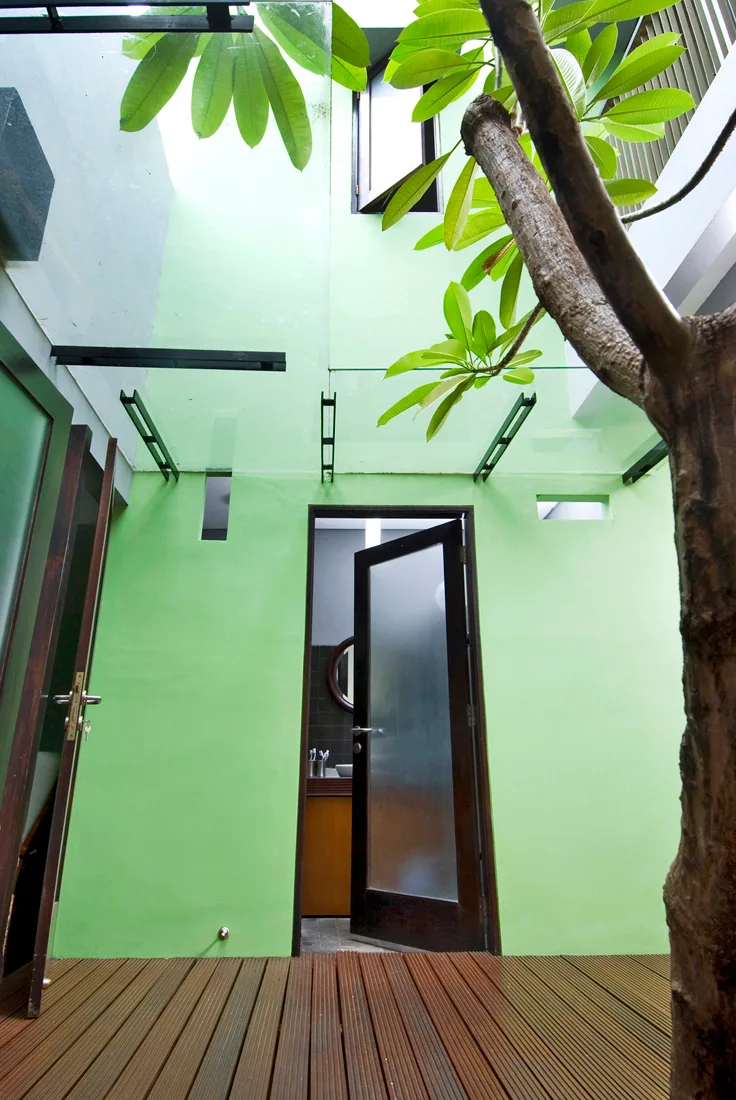 An outdoor courtyard features vibrant lime green walls, wooden slatted decking, a mature tree, and a glass-paneled ceiling canopy.