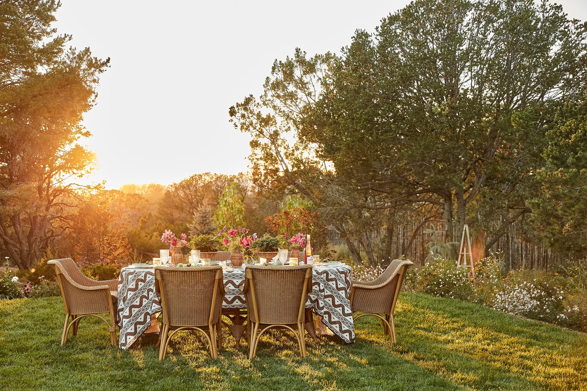 Wicker dining chairs surround a table set with a patterned tablecloth on a grassy lawn during sunset.