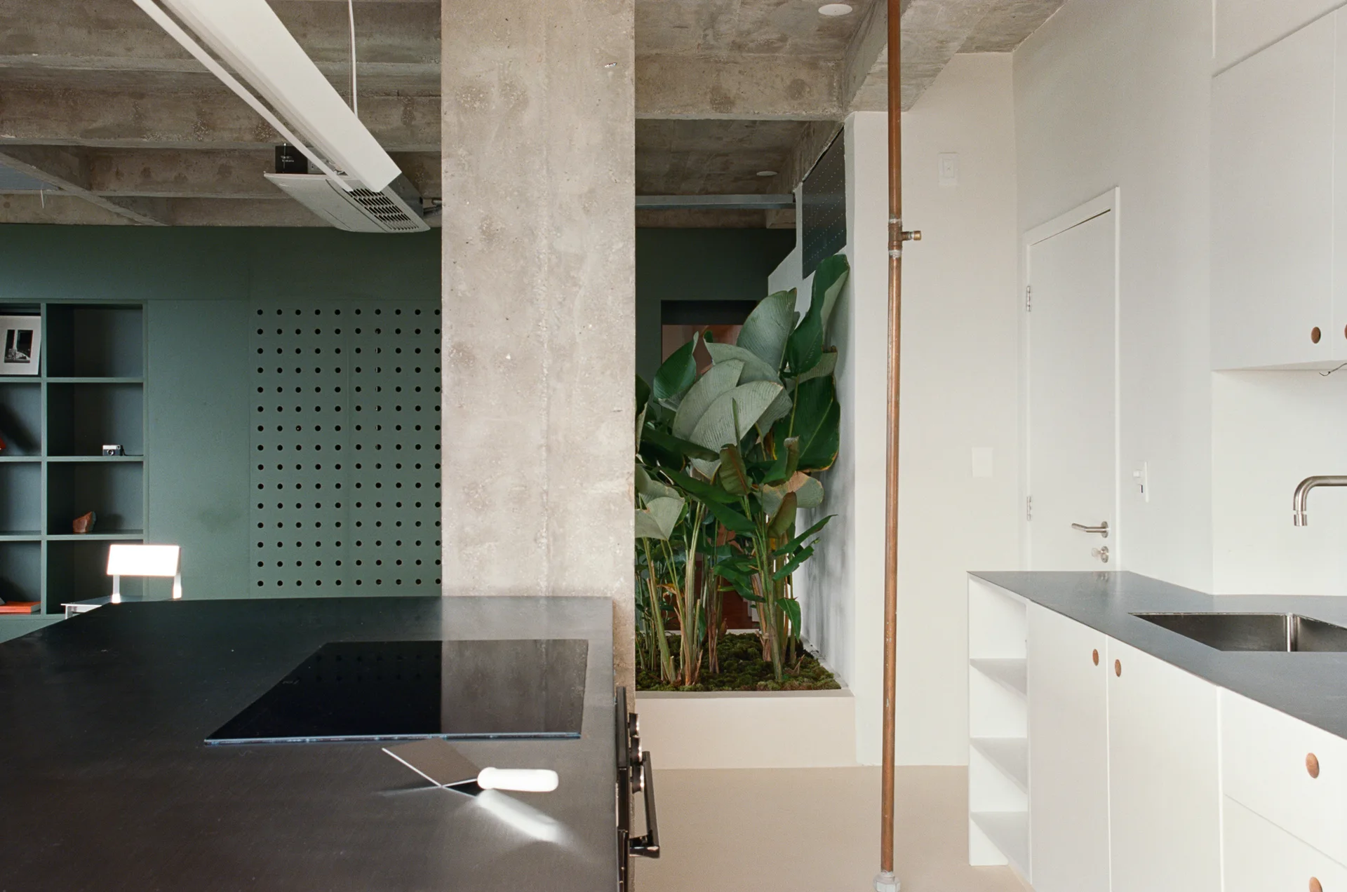 A modern minimalist kitchen features a matte black island, white cabinetry, a structural concrete pillar, and a large indoor plant.