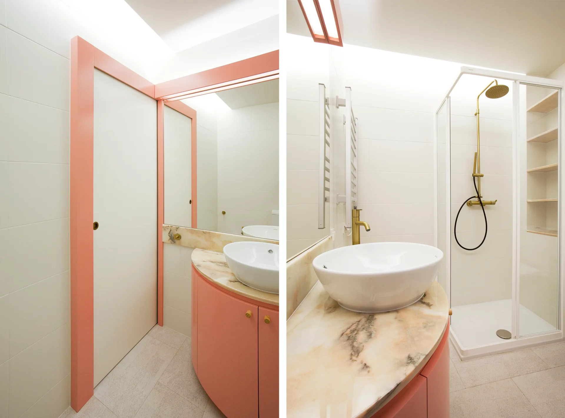 A split-view photo of a modern bathroom showing a curved coral vanity with a vessel sink and a glass shower enclosure with gold-toned fixtures.