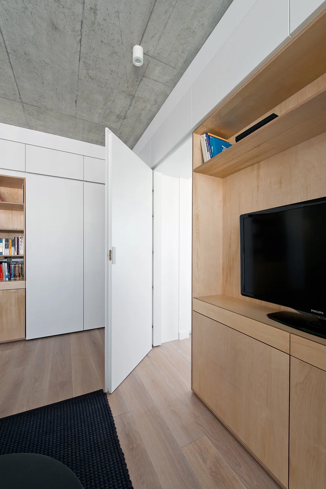 A modern interior featuring light wood plywood built-in cabinetry, an open white door, and an exposed raw concrete ceiling with light wood floors.