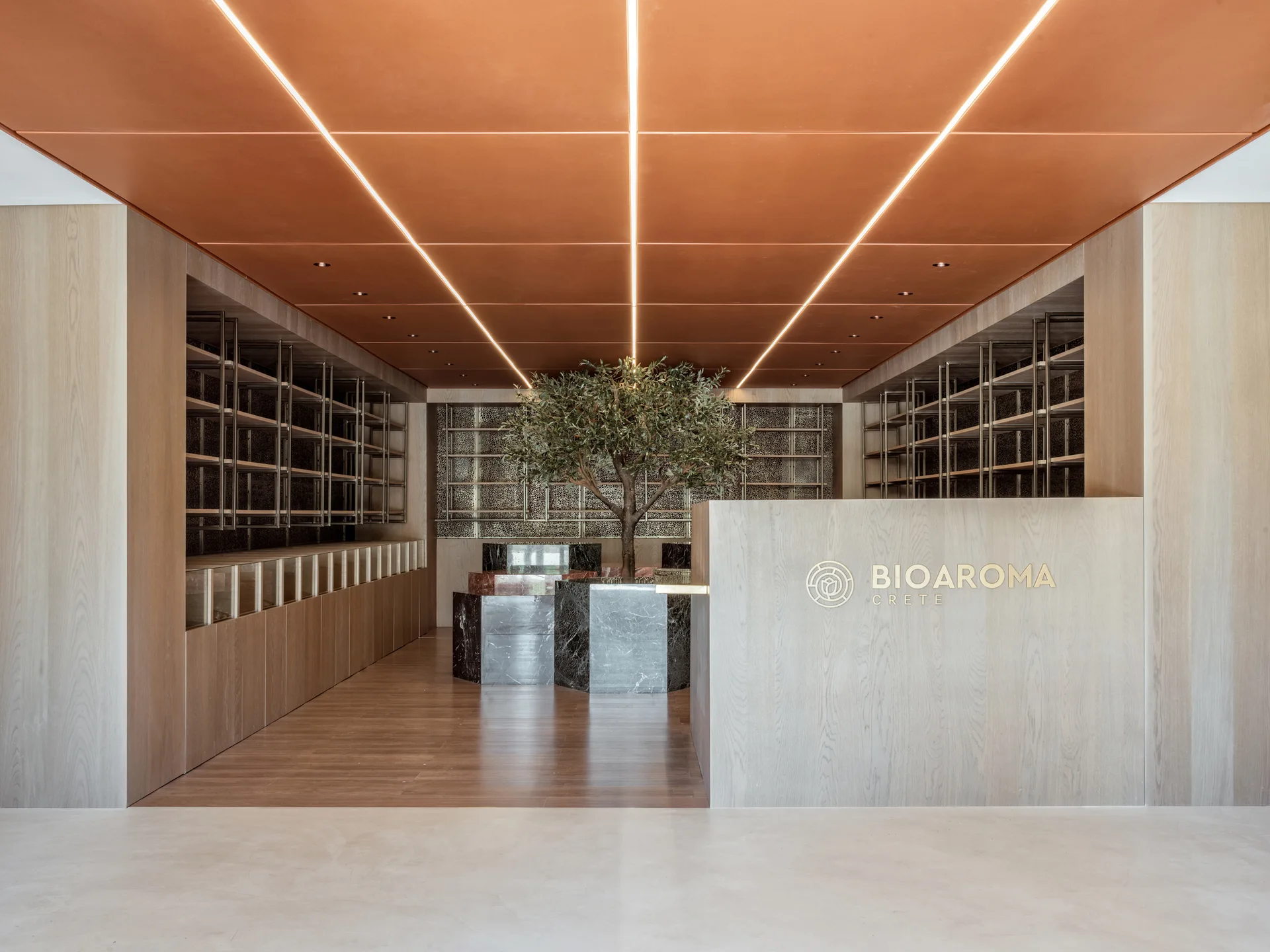 A modern retail space features light wood wall paneling, a terracotta ceiling with recessed linear light strips, and a central marble display with a tree.