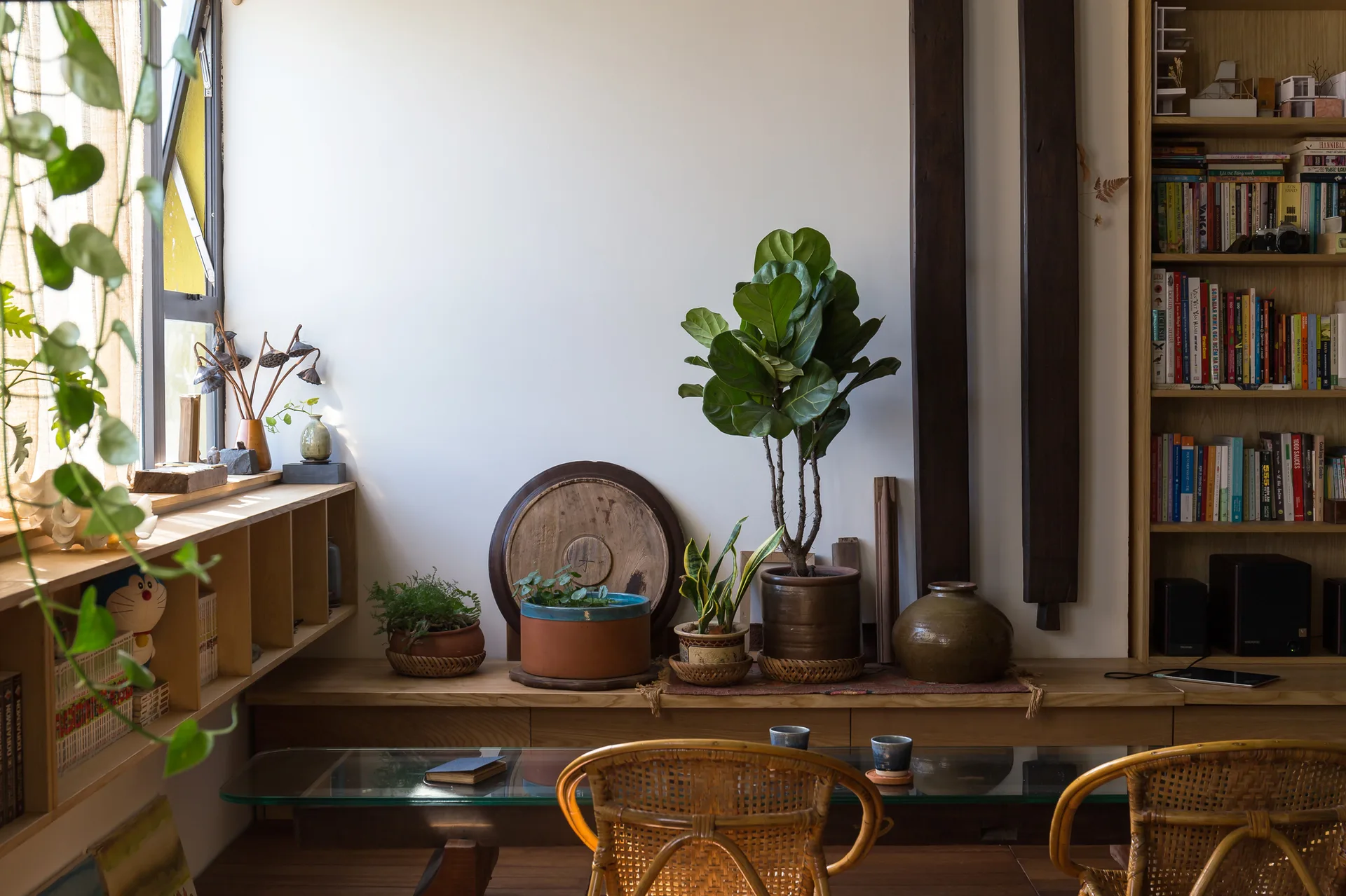 A dining space features woven rattan chairs at a glass table next to a wooden bookshelf and a low window bench filled with plants.