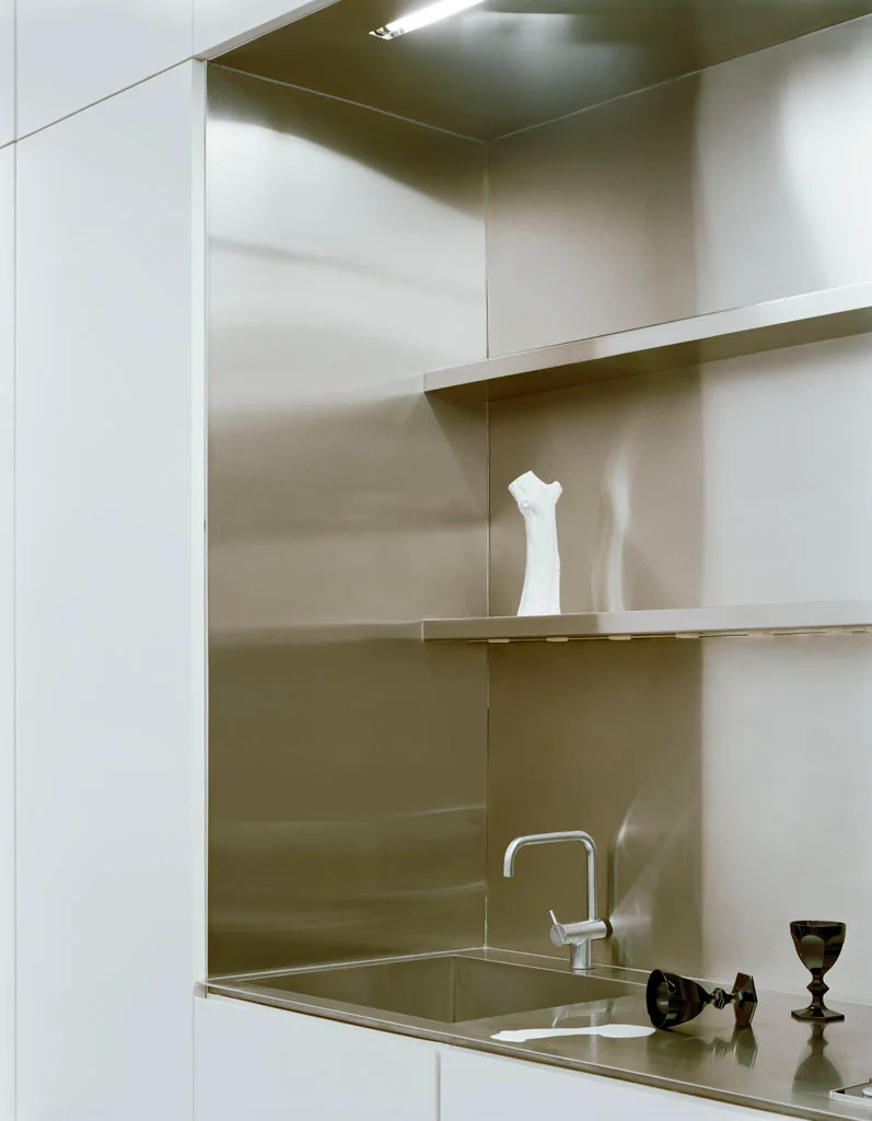 A minimalist kitchen sink niche features a brushed stainless steel backsplash, integrated shelves, a modern faucet, and white surrounding cabinetry.