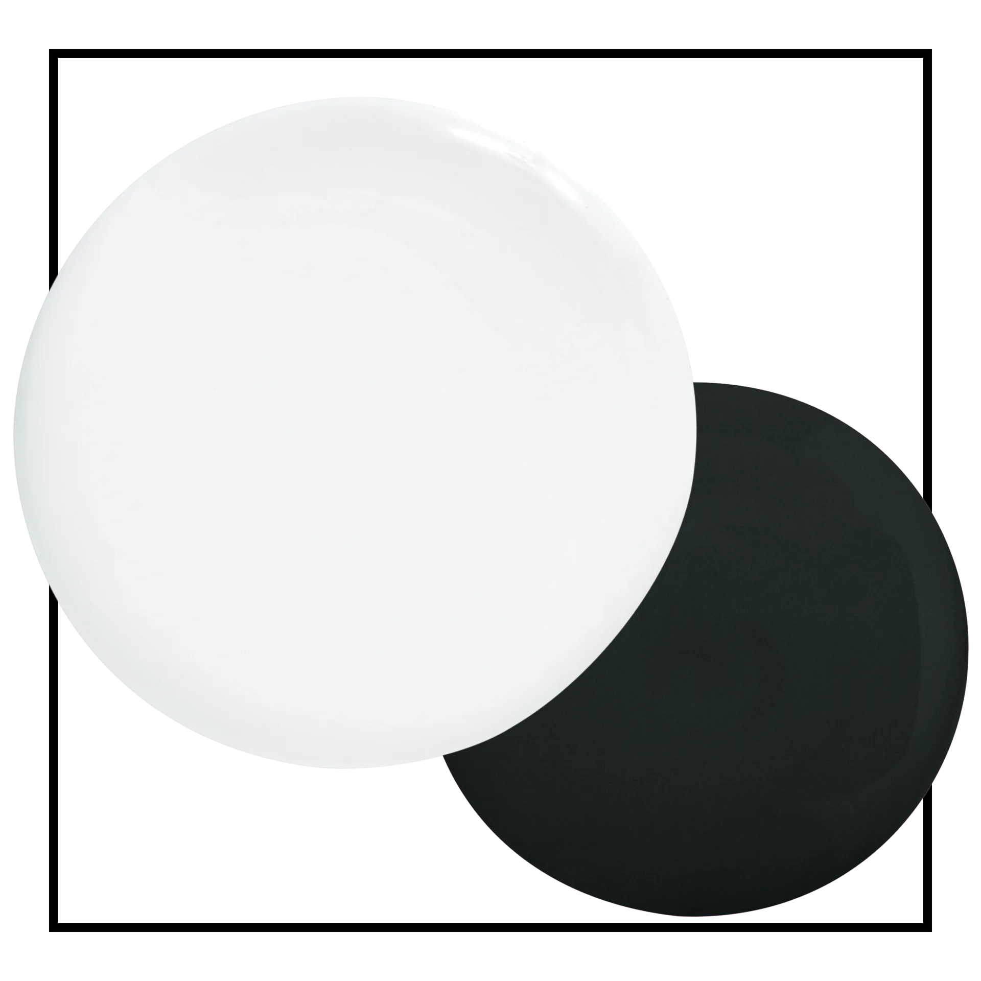 A matte white plate overlaps a matte black plate inside a thin black square border on a white background.