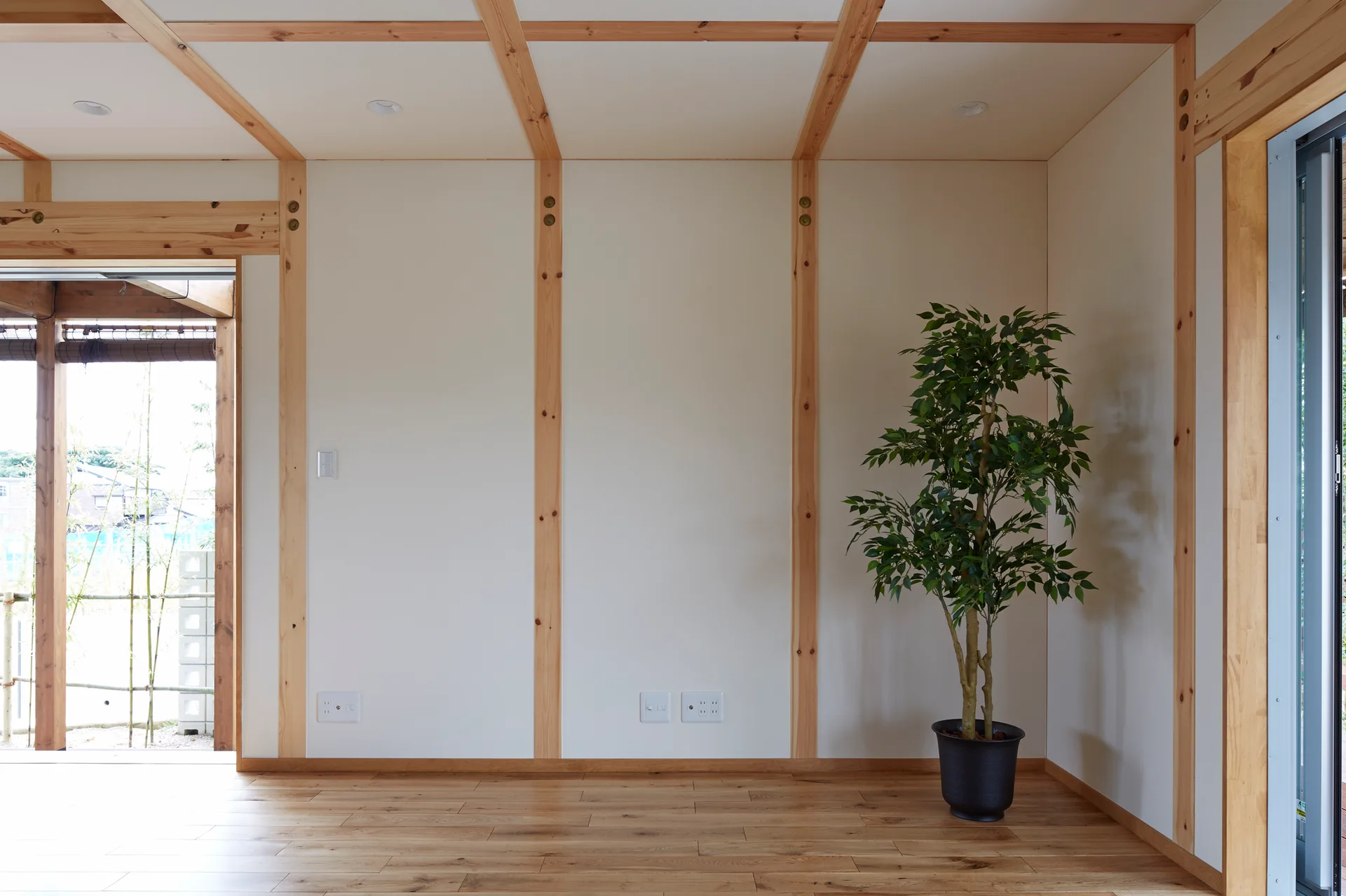 An empty room with exposed light wood framing on cream walls, natural wood floors, and a potted leafy plant in the corner.