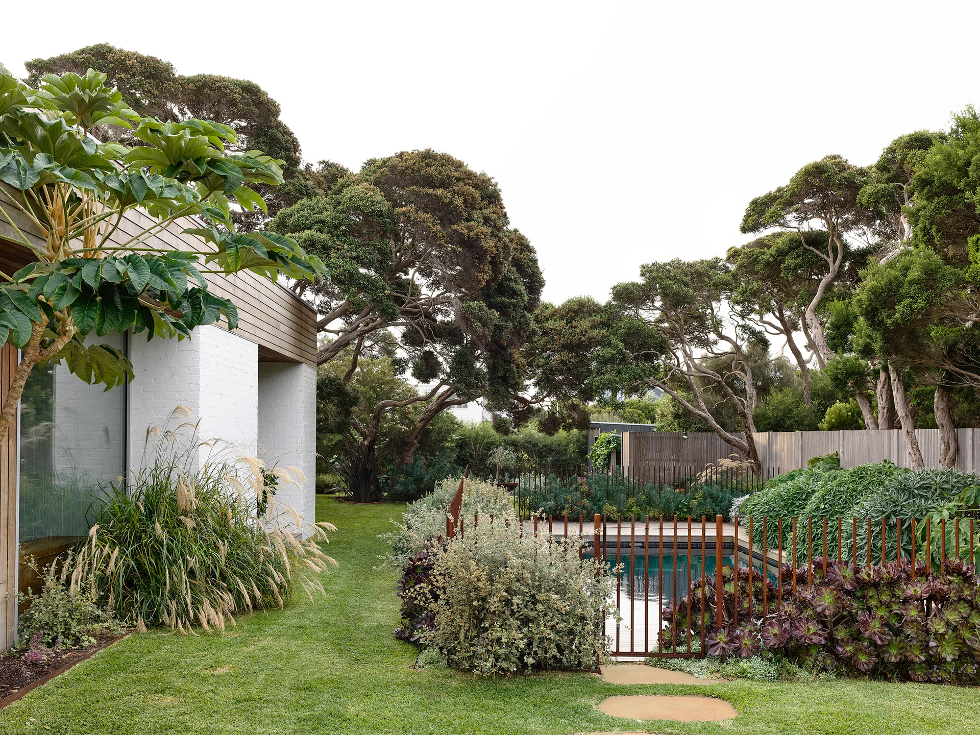 A modern white brick house faces a green lawn and a fenced swimming pool surrounded by mature trees and lush garden plants.