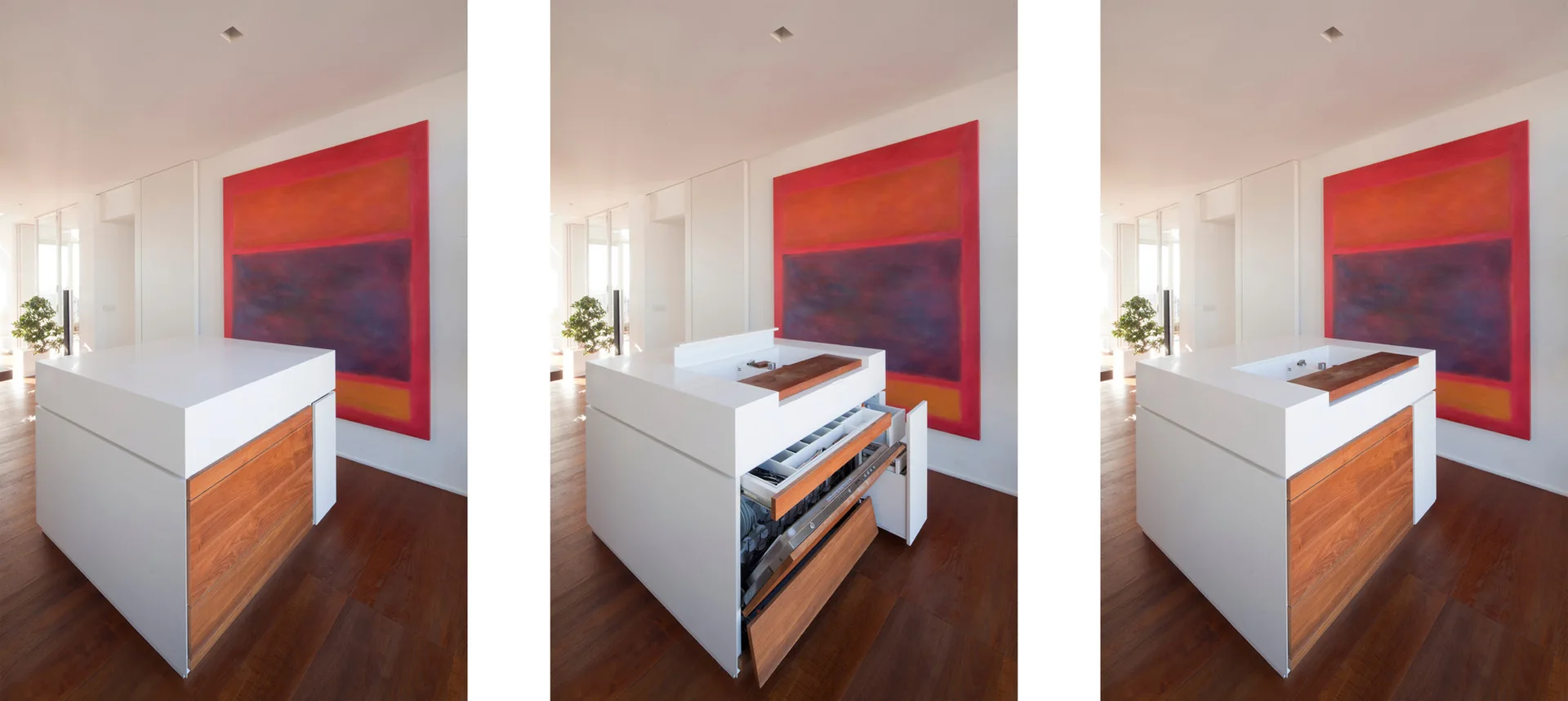 Three views of a modern white kitchen island with wood drawer fronts, shown closed and open to reveal internal storage organizers.