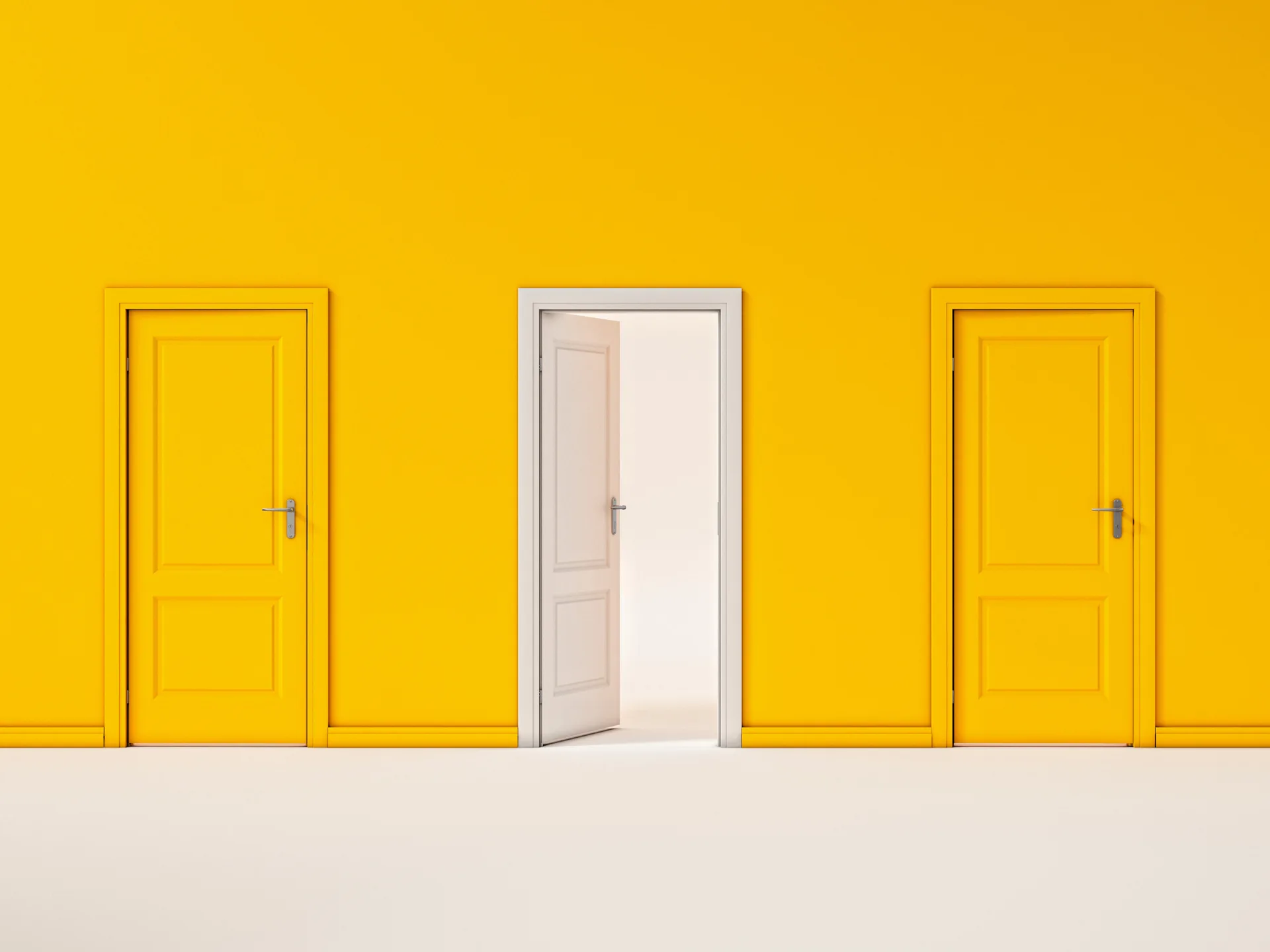 Three doors set in a bright yellow wall, with two yellow doors closed and one central white door standing slightly open.