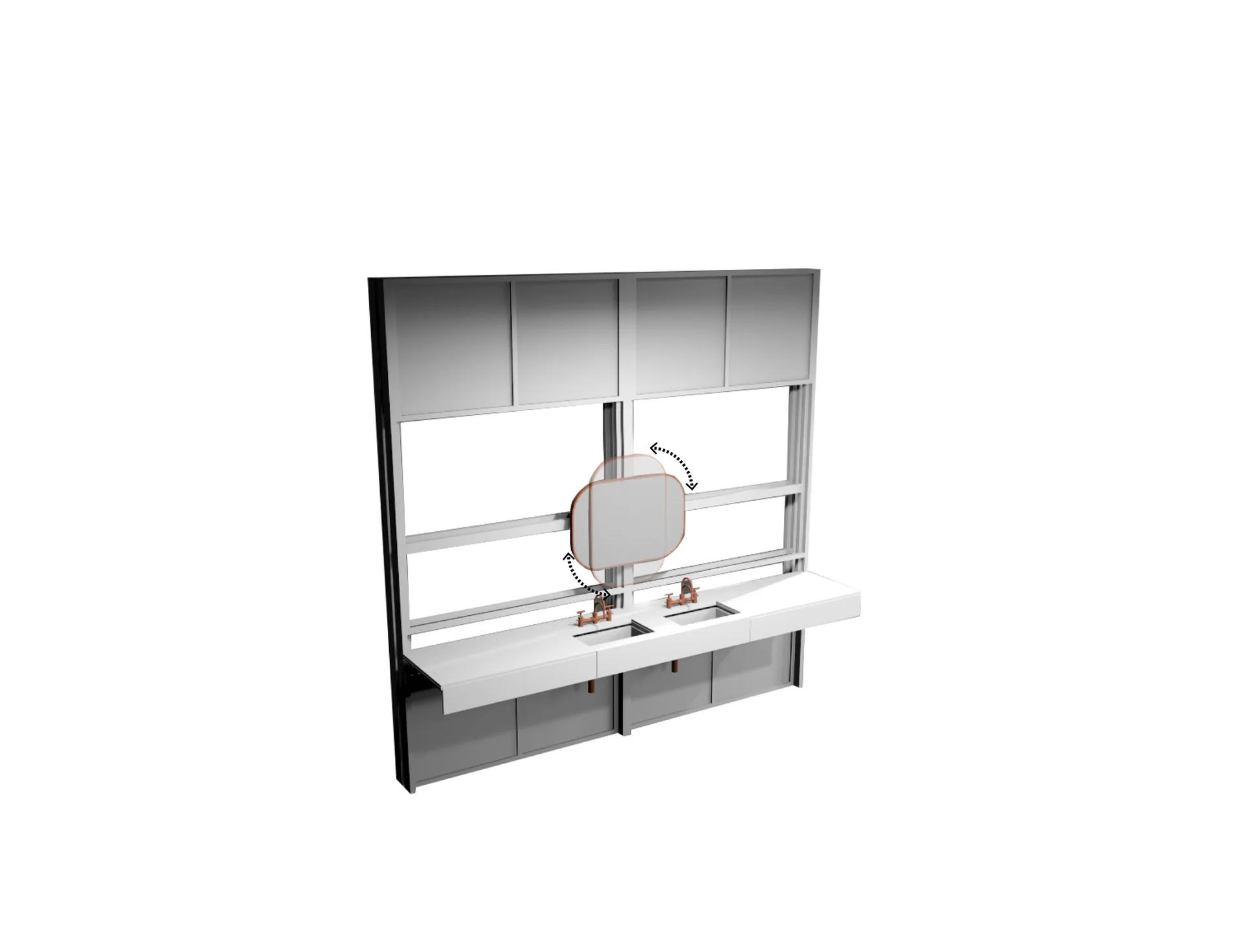 A 3D architectural rendering of a minimalist white double sink vanity with bronze faucets and a central pivoting mirror.