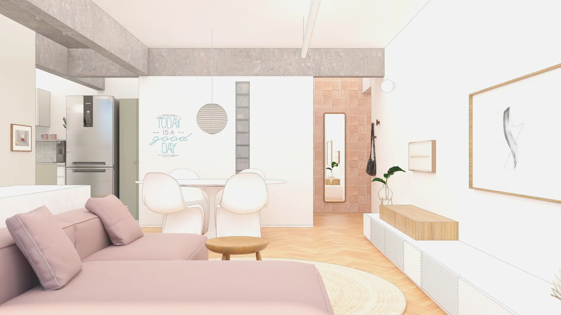 A light-filled open-plan living room features a blush pink sectional sofa, a white dining table set, concrete ceiling beams, and light herringbone floors.