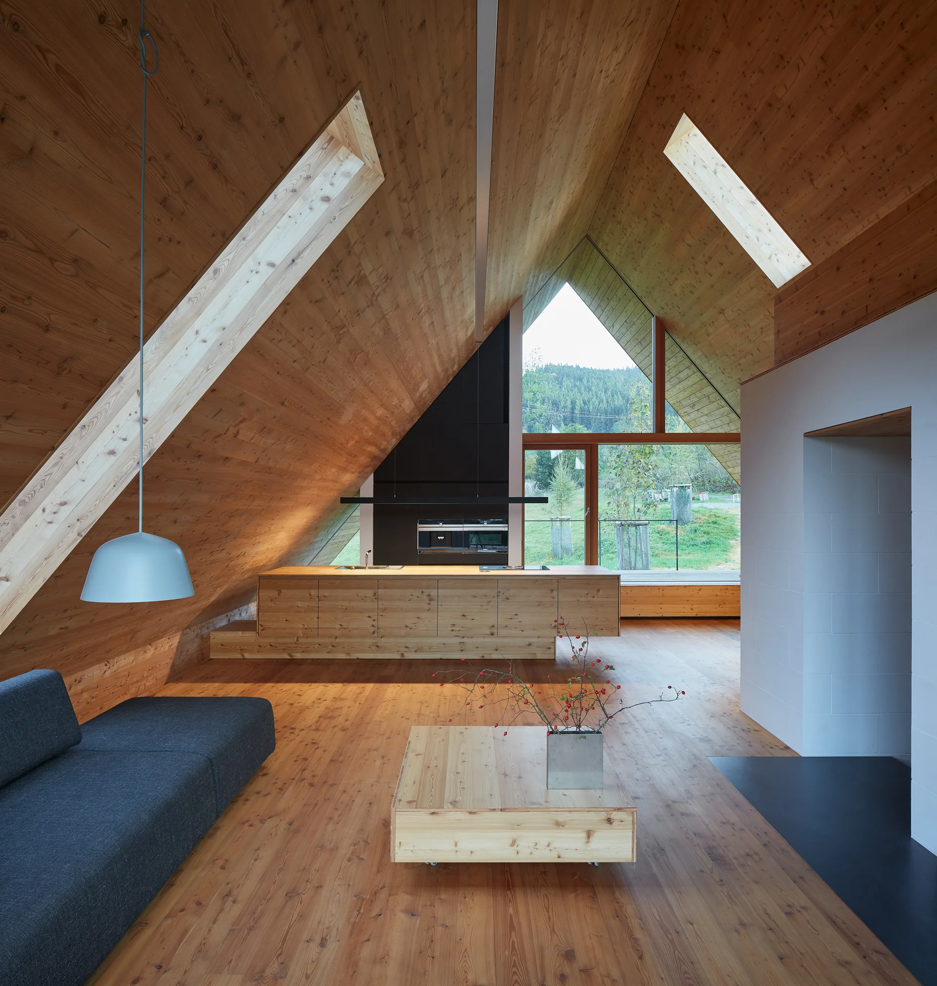 A minimalist open-plan living room inside an A-frame house features warm wood paneling, a low wooden coffee table, and a dark grey sofa.