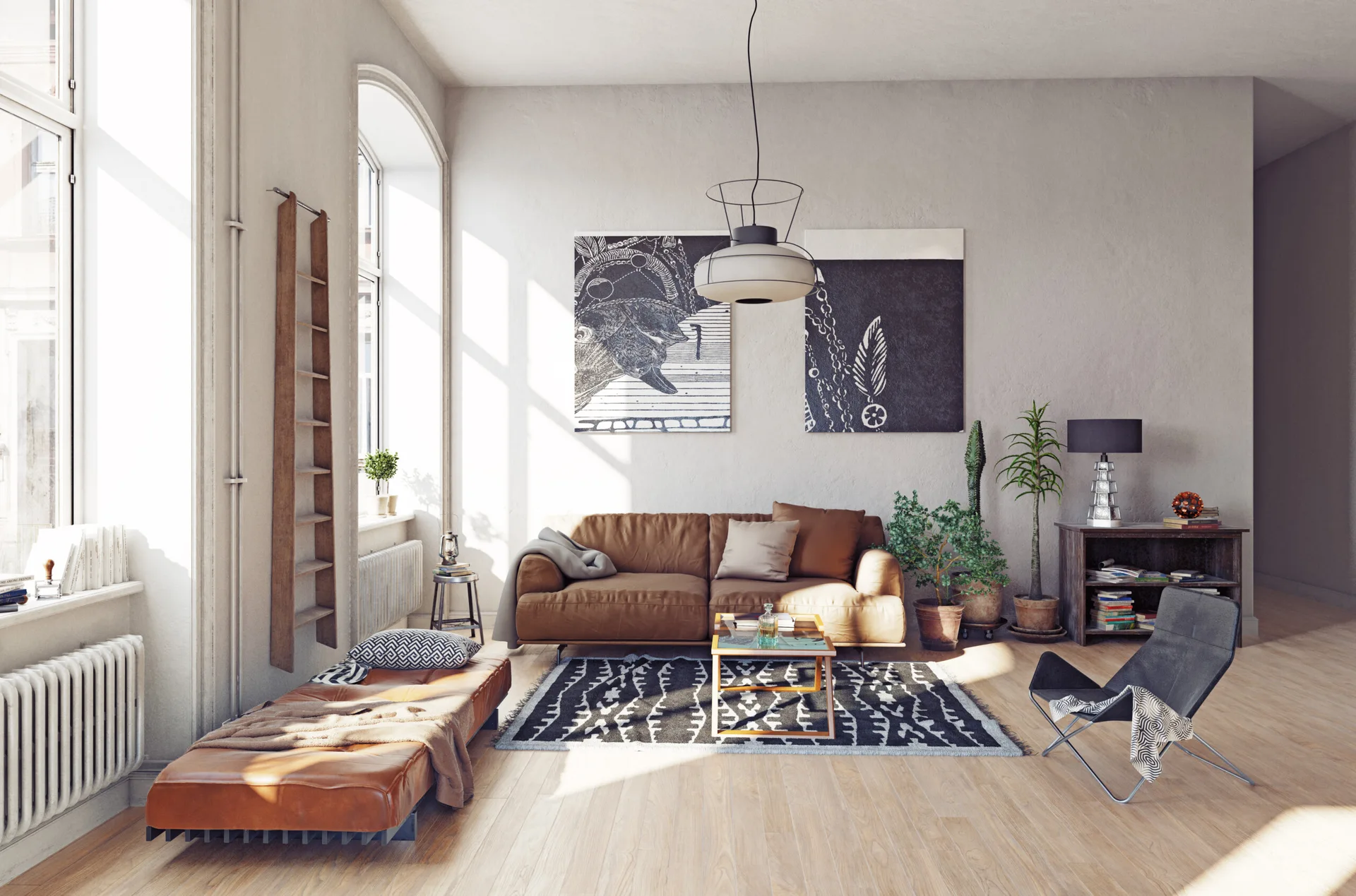 A bright living room featuring a brown leather sofa, a matching low daybed, black and white abstract art, and large arched windows.
