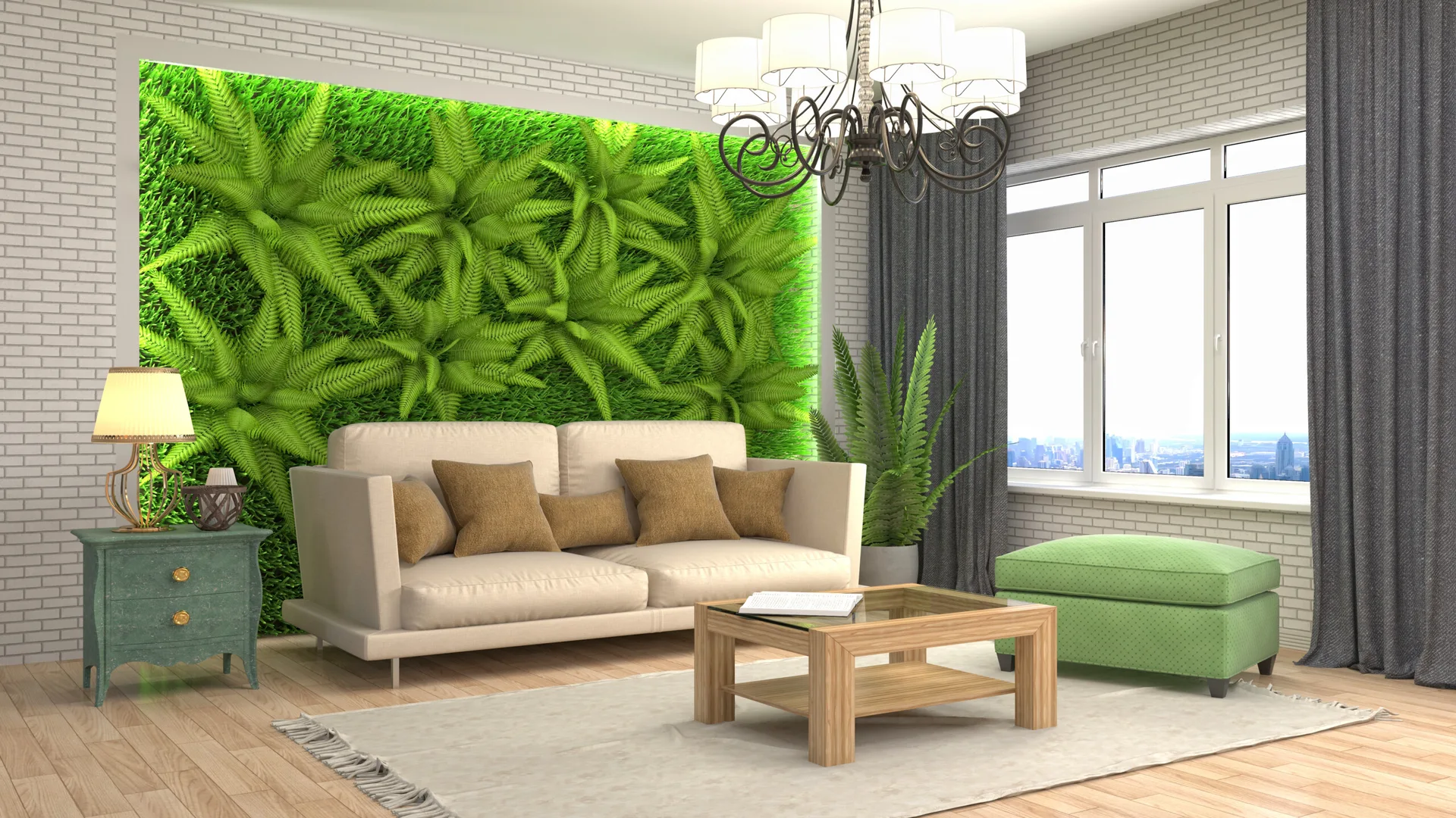 A beige sofa sits in front of a large green foliage accent wall in a living room with white brick walls and a wooden coffee table.