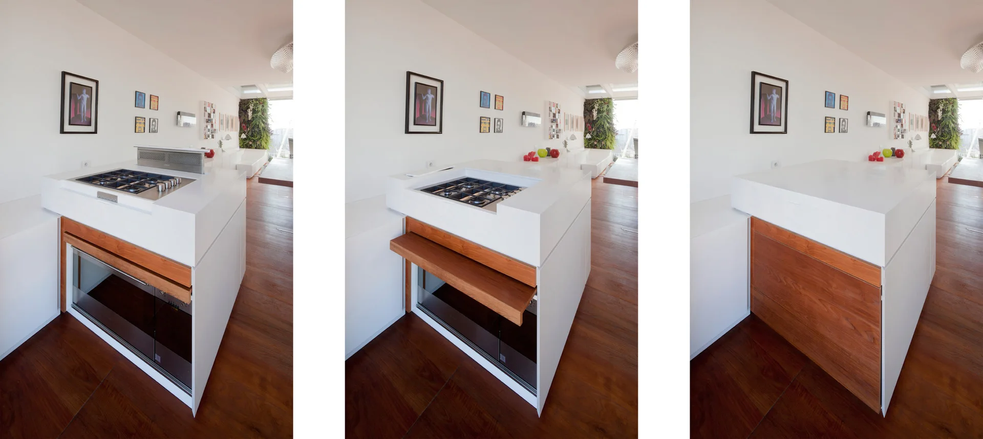 Three views of a white minimalist kitchen island showing a sliding cover that conceals a built-in cooktop above a wood-paneled base.