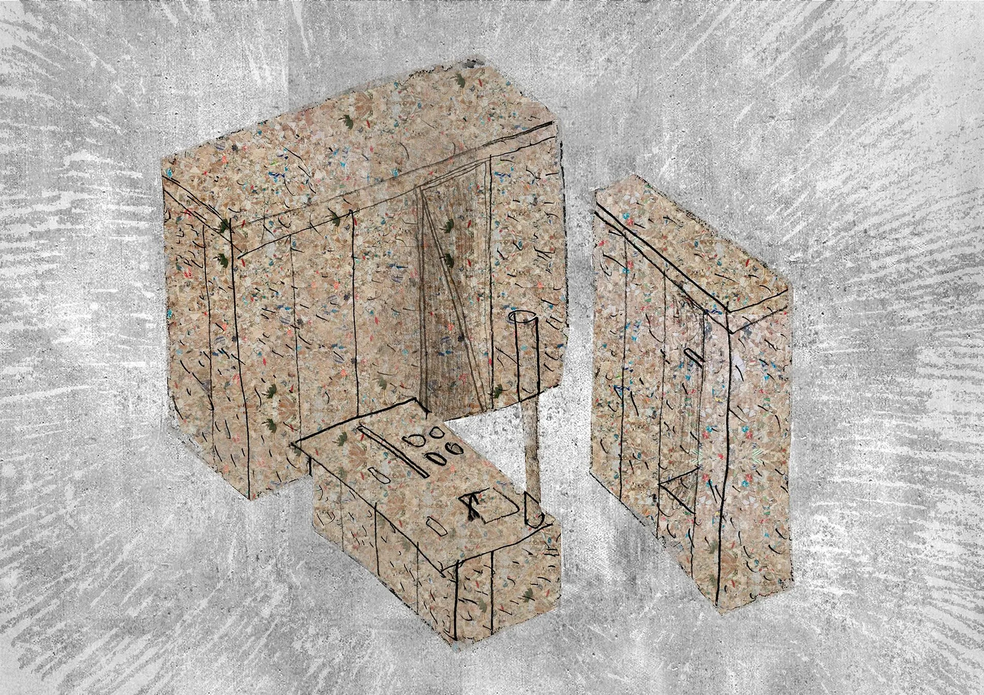 An architectural sketch depicts modular cabinets and an island made from beige speckled composite material with colorful flecks.