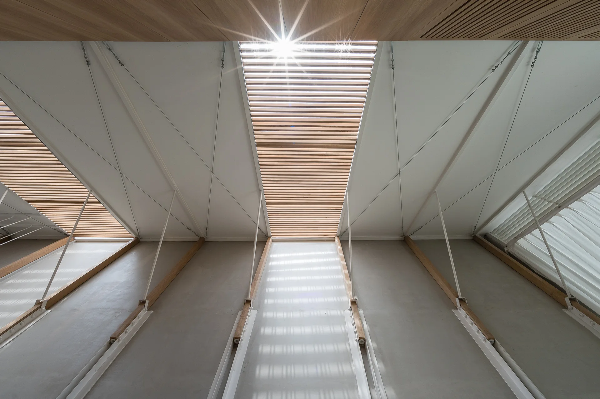 Symmetrical modern ceiling looking up at angled white walls, thin tension cables, and linear wood slats filtering bright sunlight through skylights.