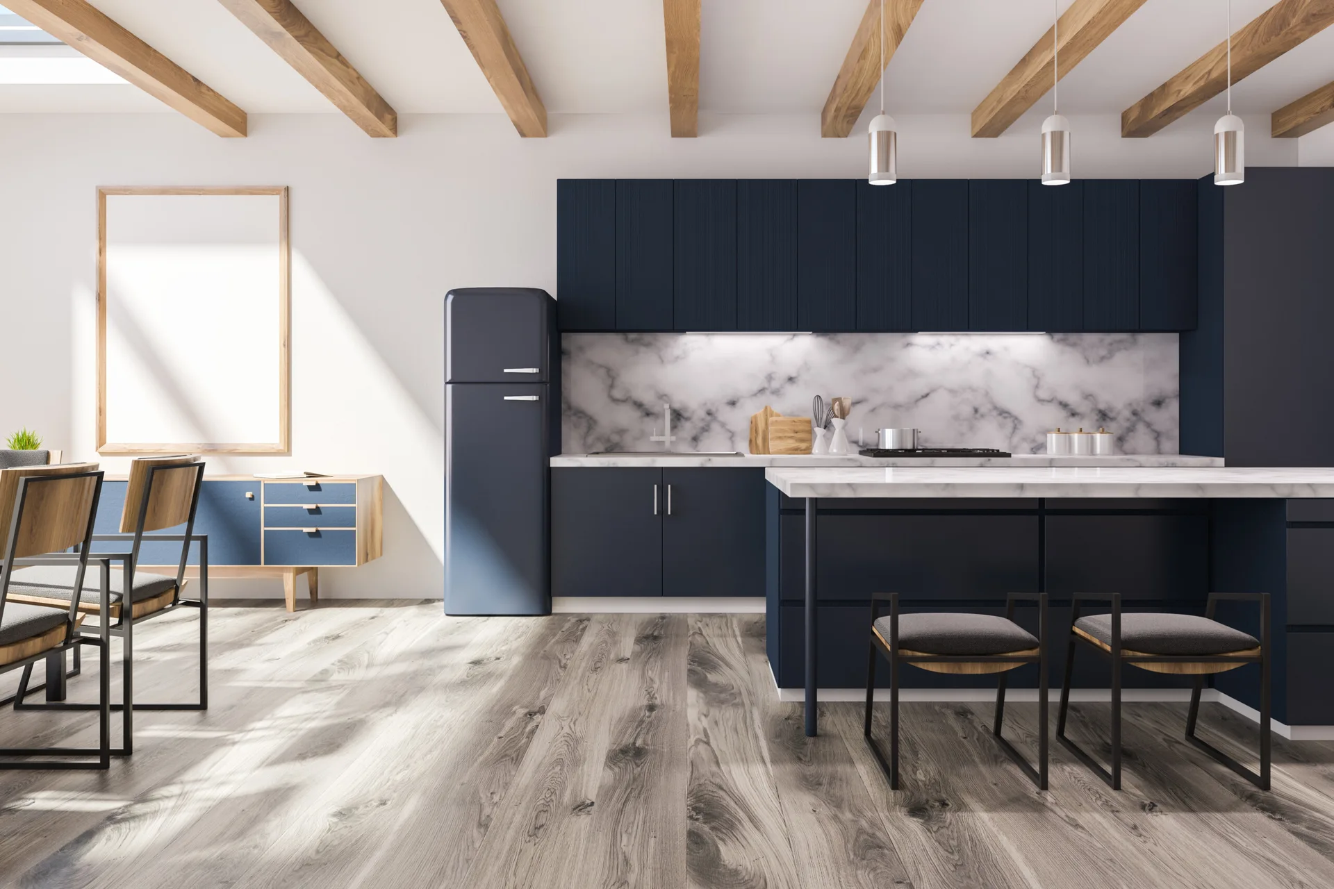 A modern kitchen featuring dark navy cabinets, a matching blue refrigerator, marble backsplash, a kitchen island, and exposed wood ceiling beams.